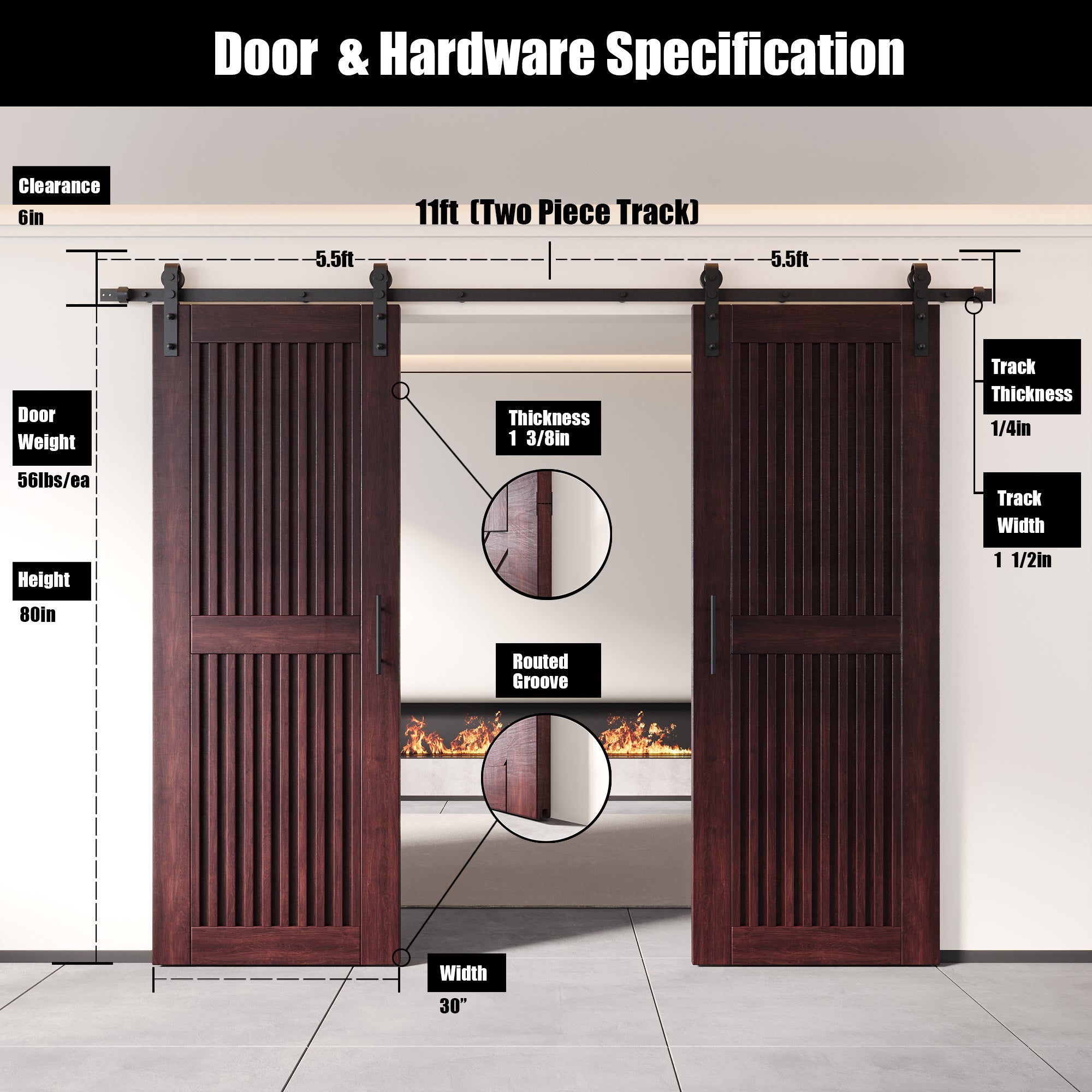 80" Height Red Mahogany Vertical Stripe Design Unassembled & Finished Double Pine Wood Barn Door with Non-Bypass Installation Hardware Kit(Interior Use Only)
