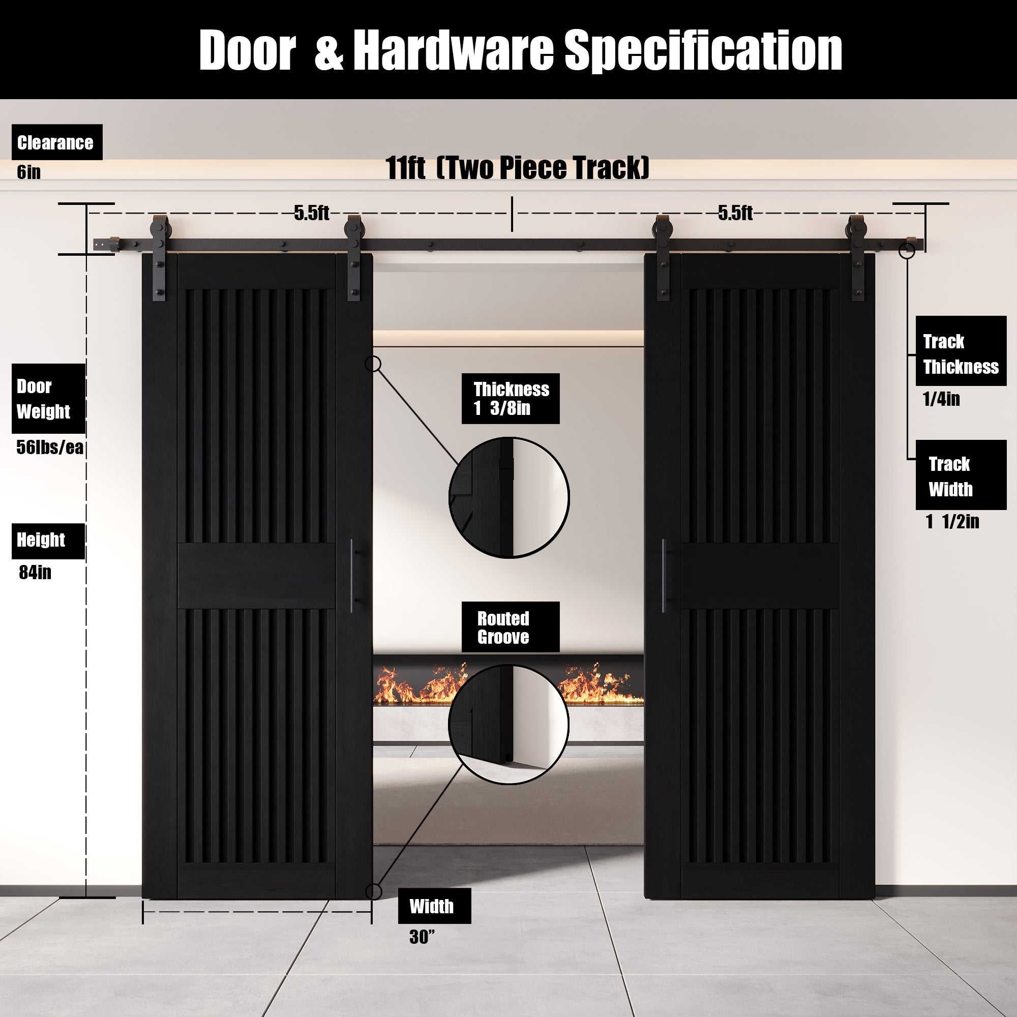 84" Height Black Vertical Stripe Design Unassembled & Finished Double Pine Wood Barn Door with Non-Bypass Installation Hardware Kit(Interior Use Only)