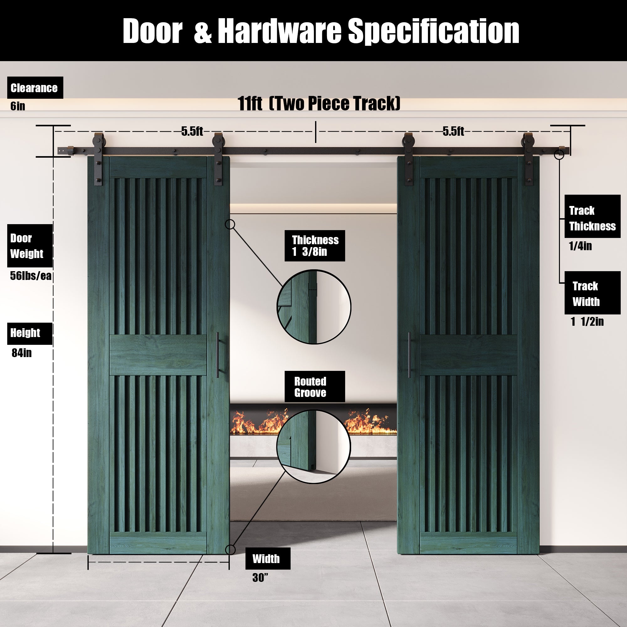84" Height Royal Pine Vertical Stripe Design Unassembled & Finished Double Pine Wood Barn Door with Non-Bypass Installation Hardware Kit(Interior Use Only)
