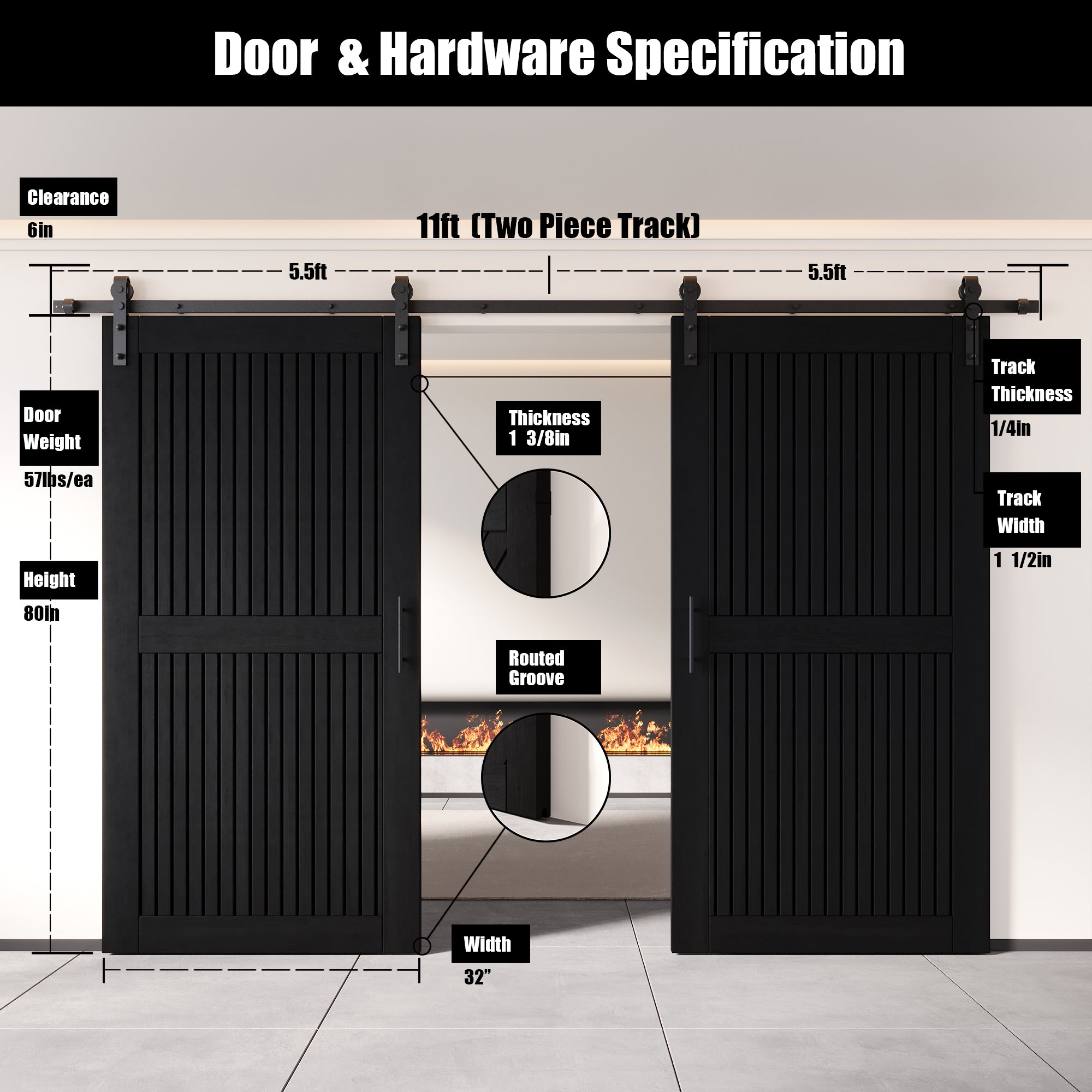 80" Height Black Vertical Stripe Design Unassembled & Finished Double Pine Wood Barn Door with Non-Bypass Installation Hardware Kit(Interior Use Only)