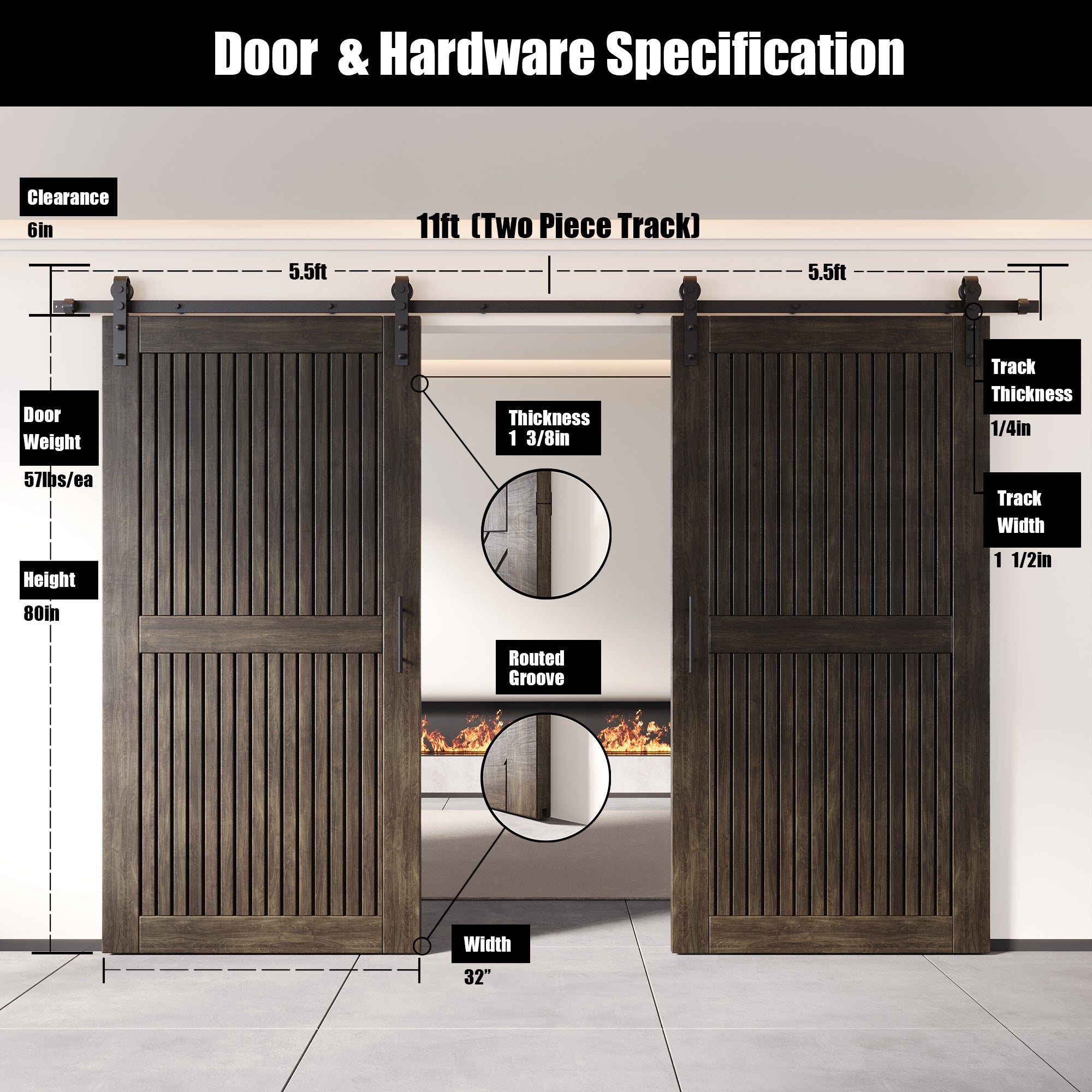 80" Height Ebony Vertical Stripe Design Unassembled & Finished Double Pine Wood Barn Door with Non-Bypass Installation Hardware Kit(Interior Use Only)