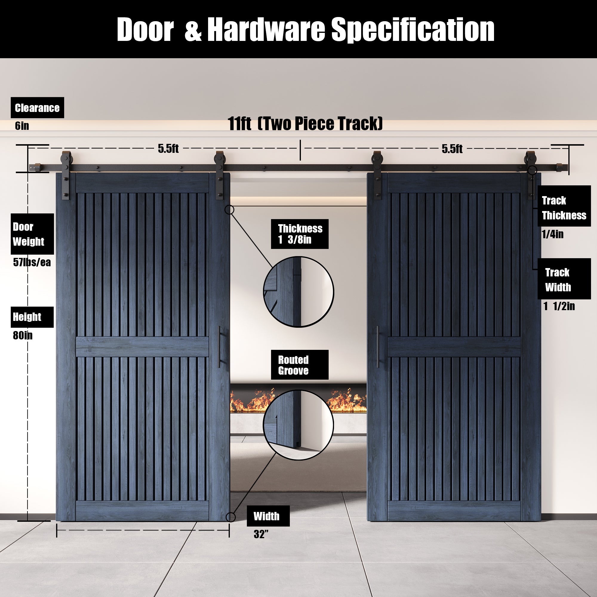 80" Height Navy Vertical Stripe Design Unassembled & Finished Double Pine Wood Barn Door with Non-Bypass Installation Hardware Kit(Interior Use Only)