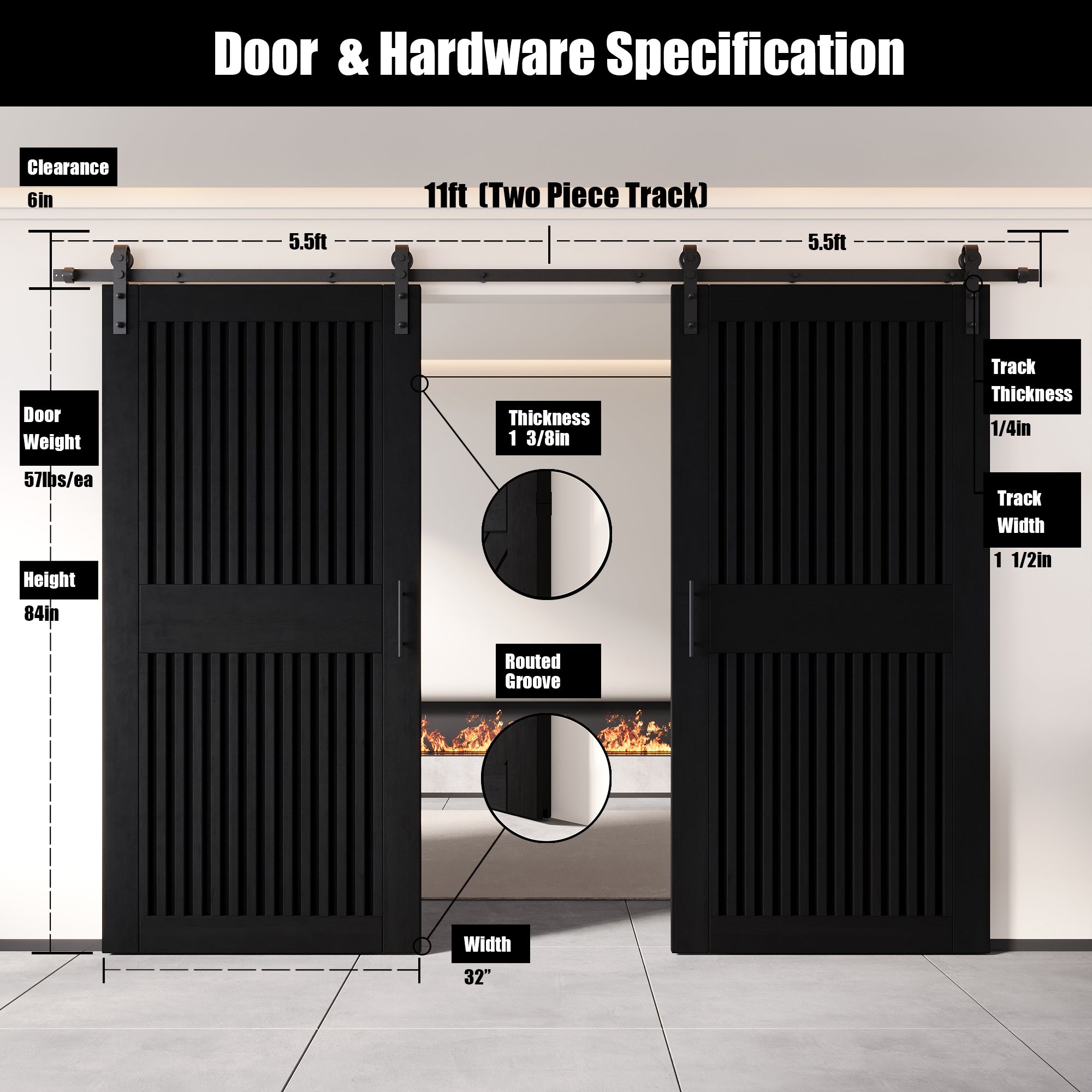 84" Height Black Vertical Stripe Design Unassembled & Finished Double Pine Wood Barn Door with Non-Bypass Installation Hardware Kit(Interior Use Only)