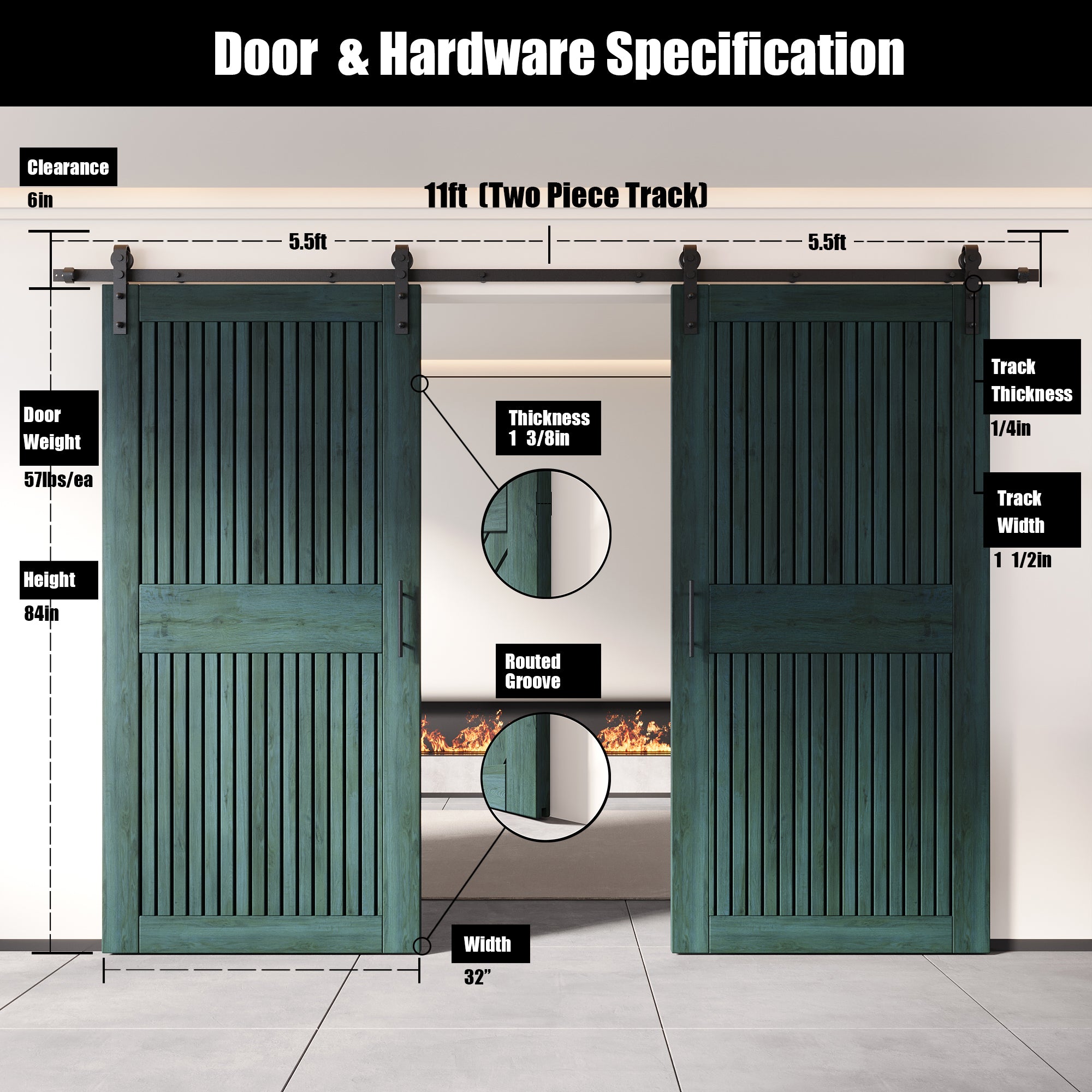 84" Height Royal Pine Vertical Stripe Design Unassembled & Finished Double Pine Wood Barn Door with Non-Bypass Installation Hardware Kit(Interior Use Only)