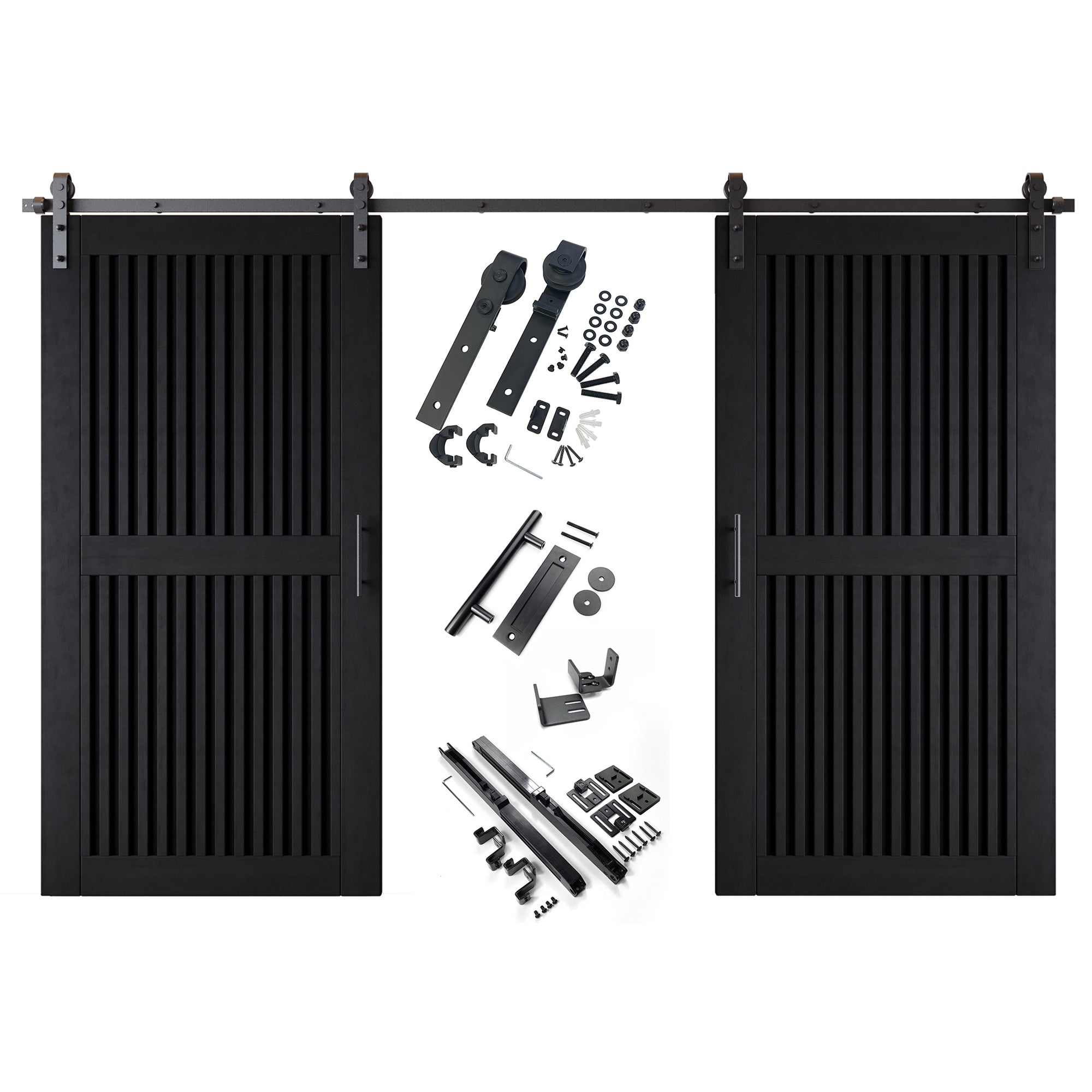 80" Height Black Vertical Stripe Design Unassembled & Finished Double Pine Wood Barn Door with Non-Bypass Installation Hardware Kit(Interior Use Only)