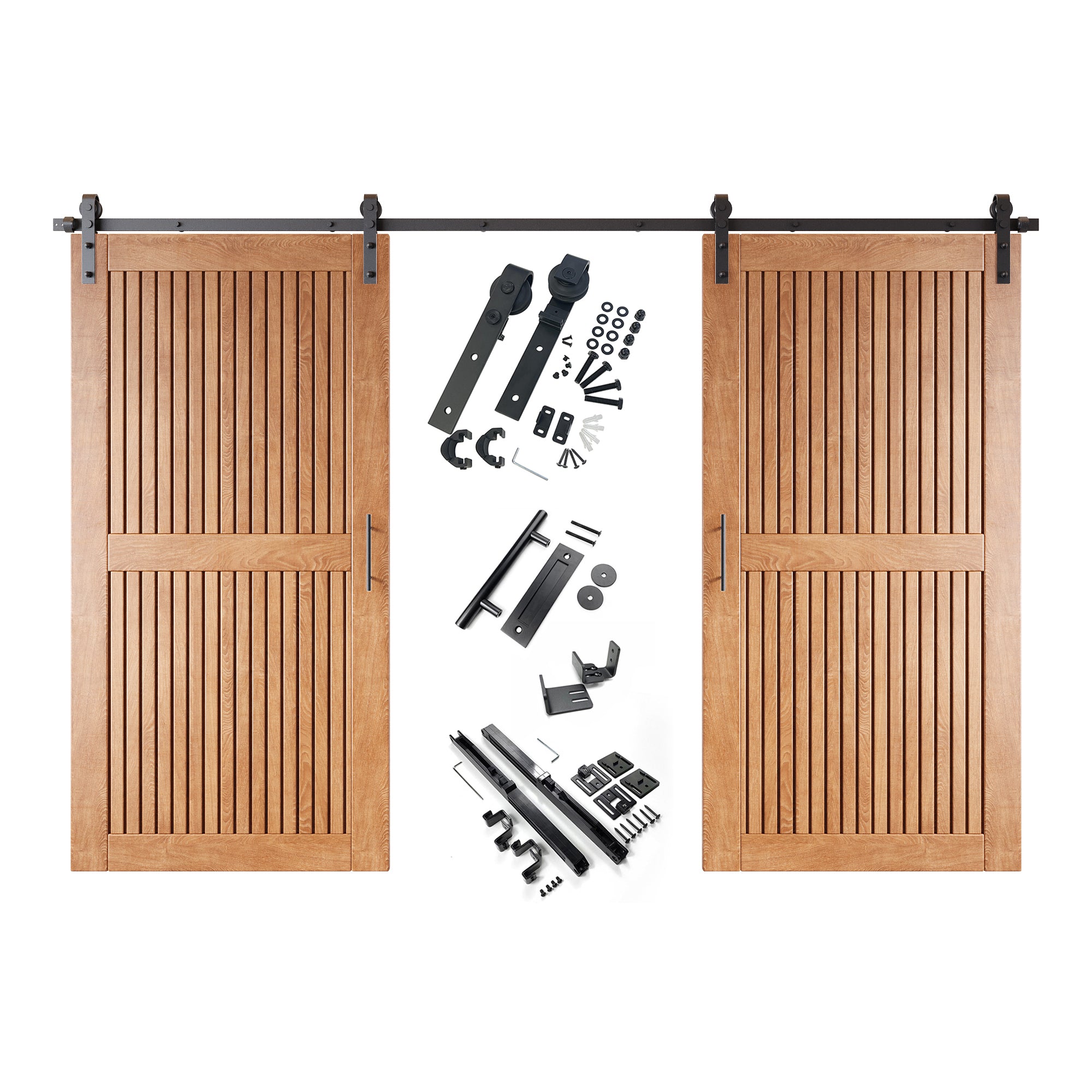 80" Height Early American Vertical Stripe Design Unassembled & Finished Double Pine Wood Barn Door with Non-Bypass Installation Hardware Kit(Interior Use Only)