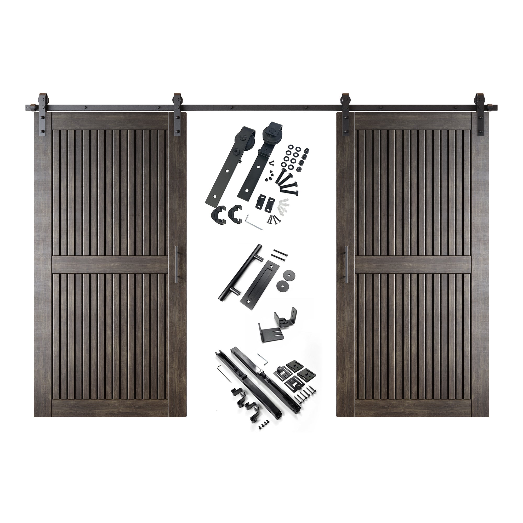 80" Height Ebony Vertical Stripe Design Unassembled & Finished Double Pine Wood Barn Door with Non-Bypass Installation Hardware Kit(Interior Use Only)
