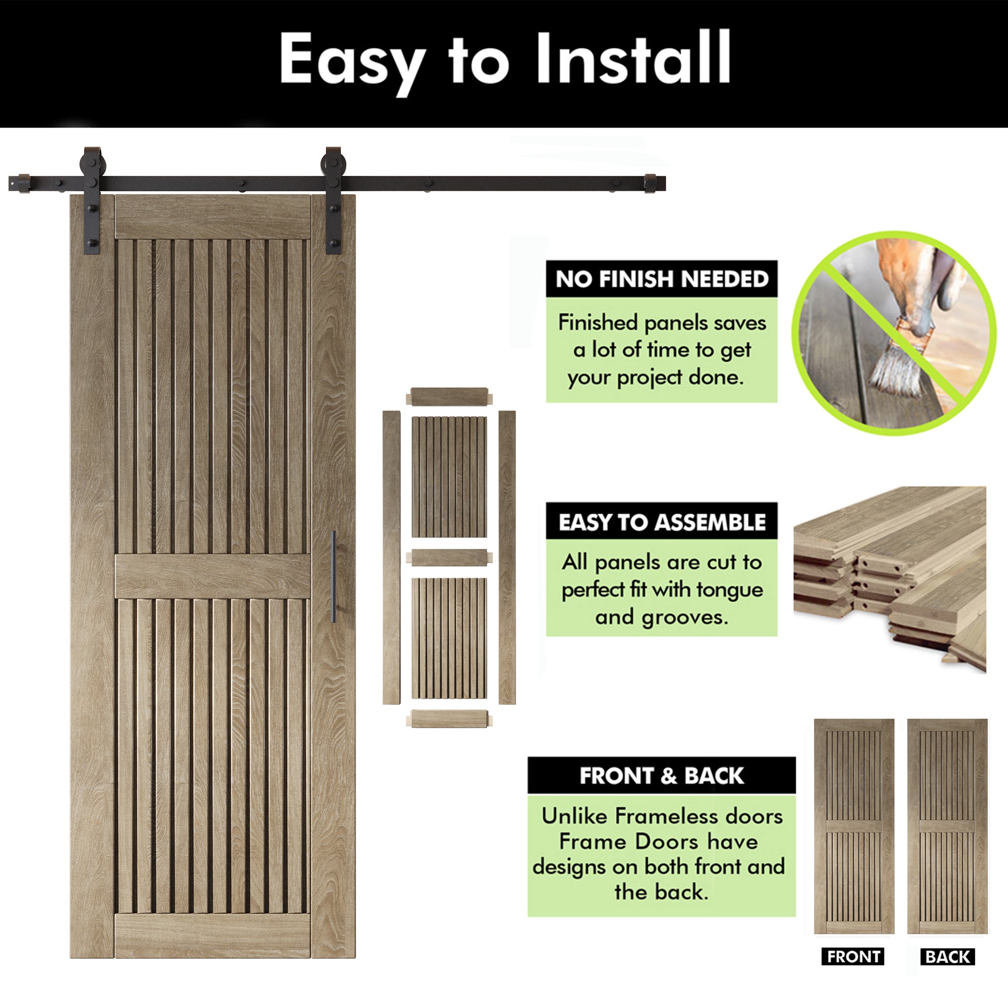 80" Height Classic Gray Vertical Stripe Design Unassembled & Finished Double Pine Wood Barn Door with Non-Bypass Installation Hardware Kit(Interior Use Only)