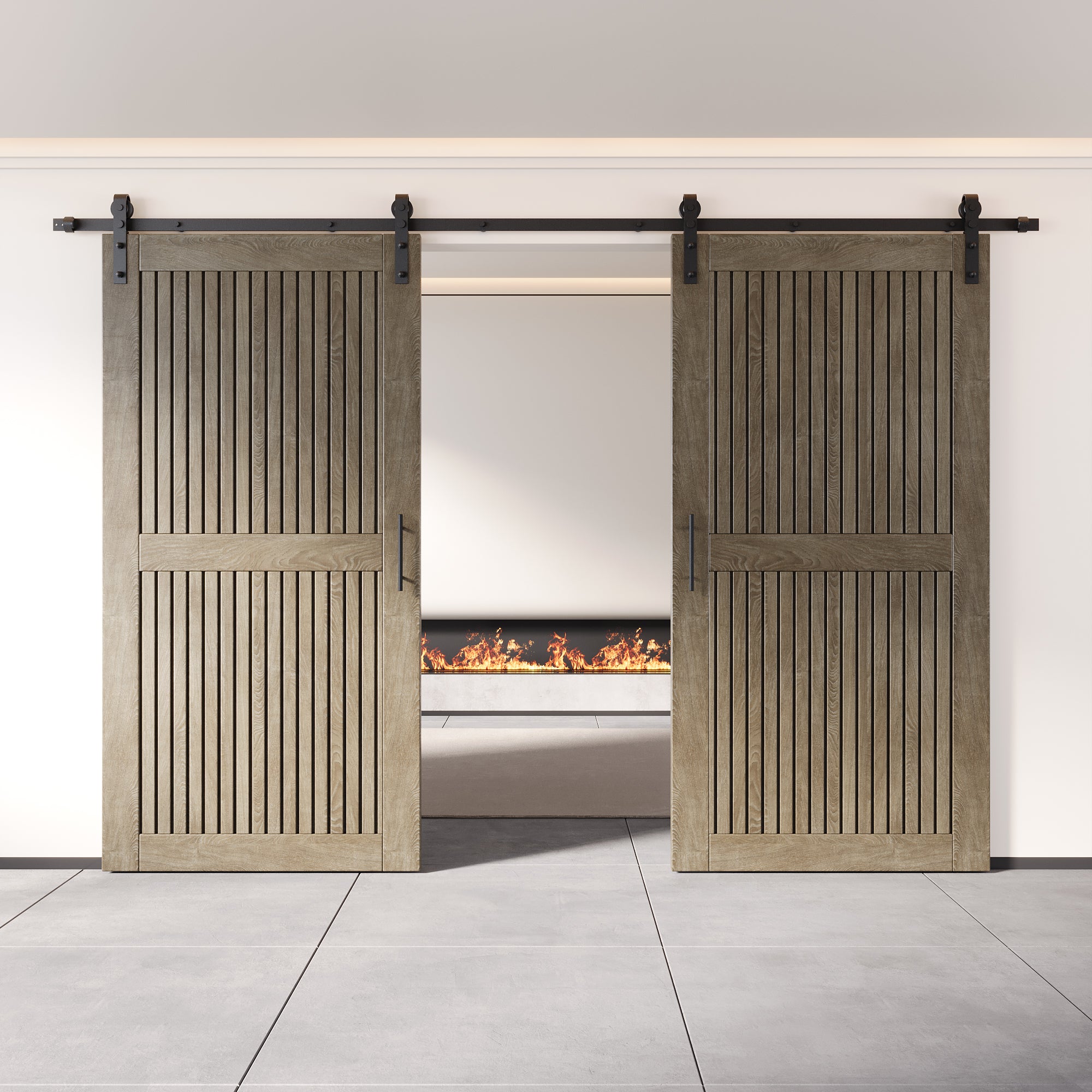 80" Height Classic Gray Vertical Stripe Design Unassembled & Finished Double Pine Wood Barn Door with Non-Bypass Installation Hardware Kit(Interior Use Only)