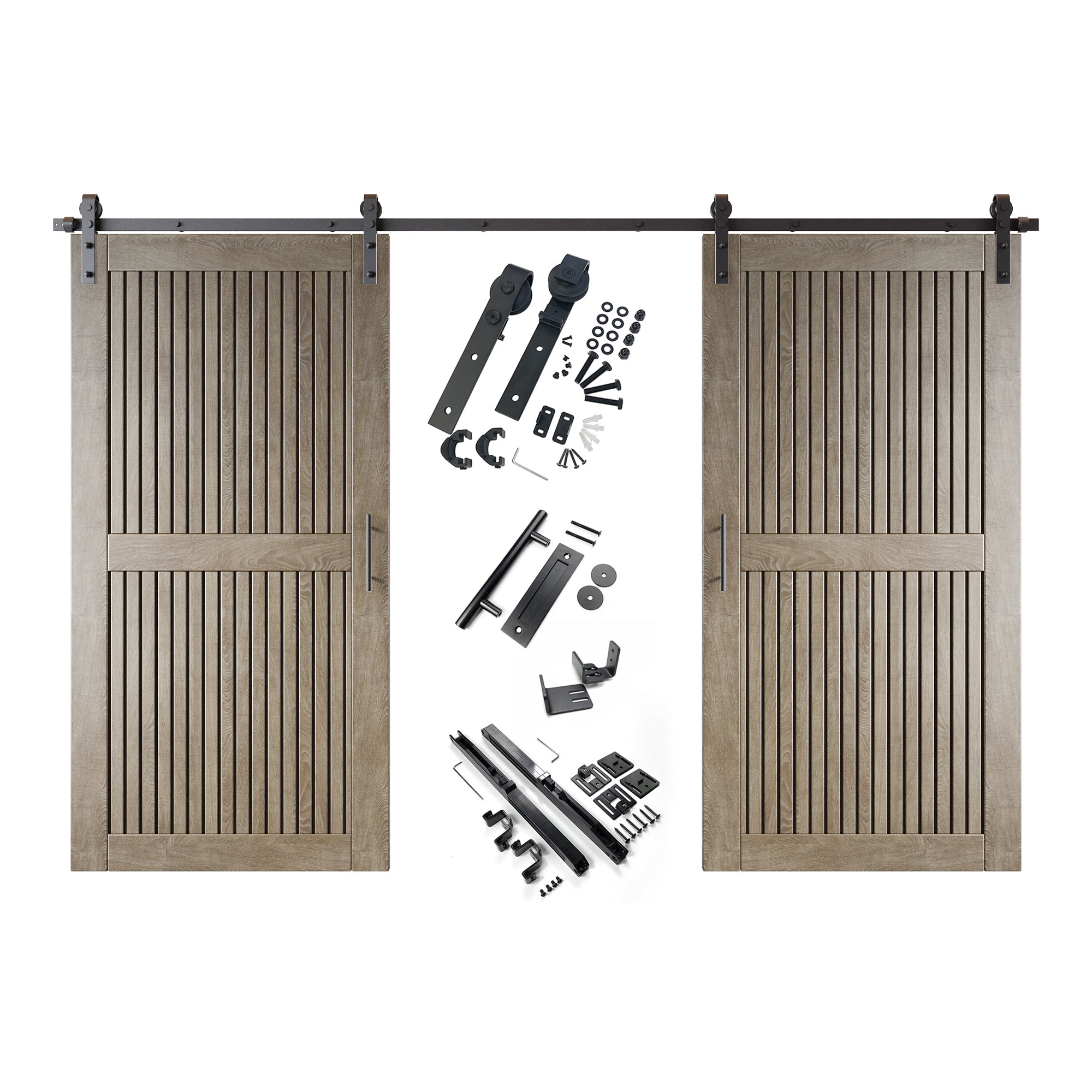 80" Height Classic Gray Vertical Stripe Design Unassembled & Finished Double Pine Wood Barn Door with Non-Bypass Installation Hardware Kit(Interior Use Only)