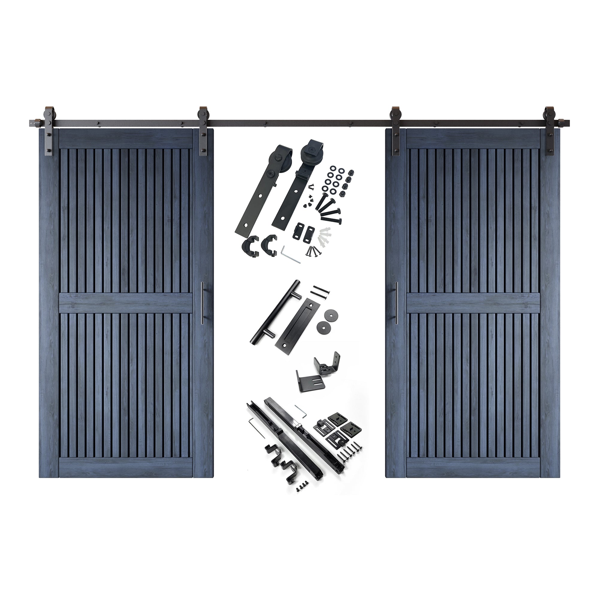 80" Height Navy Vertical Stripe Design Unassembled & Finished Double Pine Wood Barn Door with Non-Bypass Installation Hardware Kit(Interior Use Only)