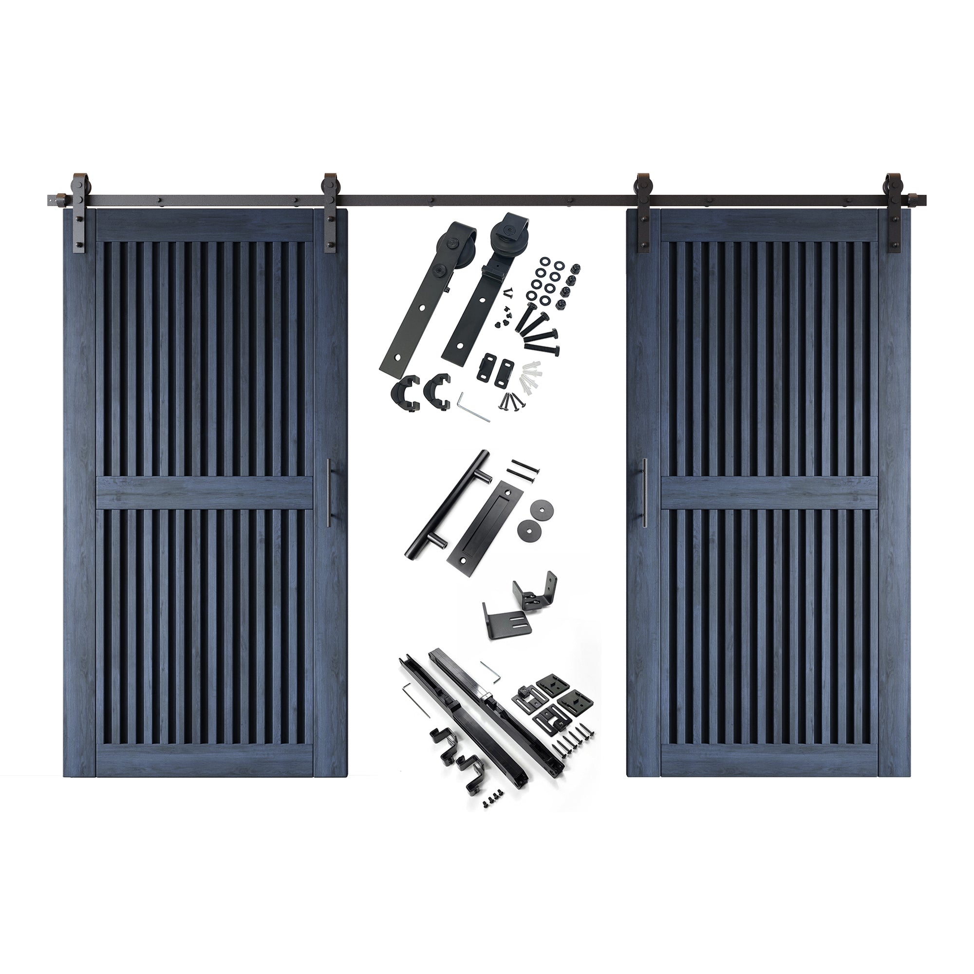 80" Height Navy Vertical Stripe Design Unassembled & Finished Double Pine Wood Barn Door with Non-Bypass Installation Hardware Kit(Interior Use Only)