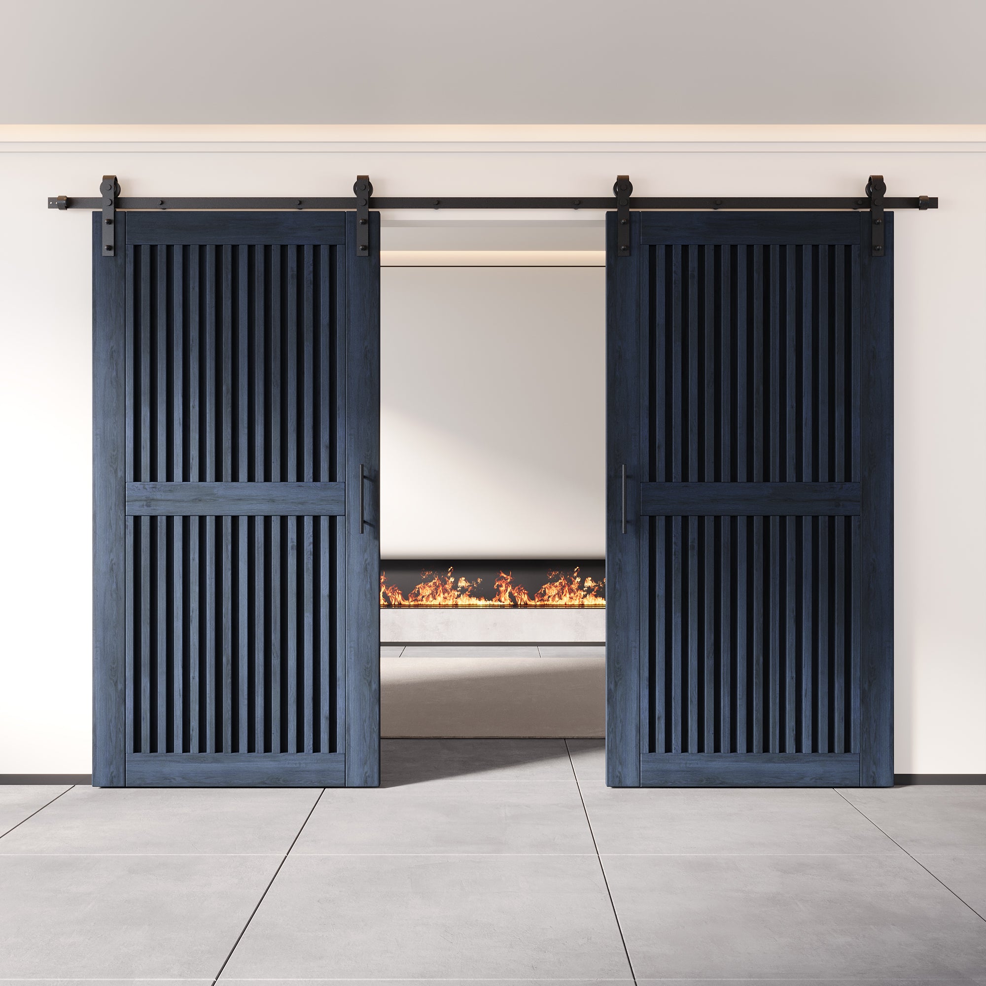 80" Height Navy Vertical Stripe Design Unassembled & Finished Double Pine Wood Barn Door with Non-Bypass Installation Hardware Kit(Interior Use Only)