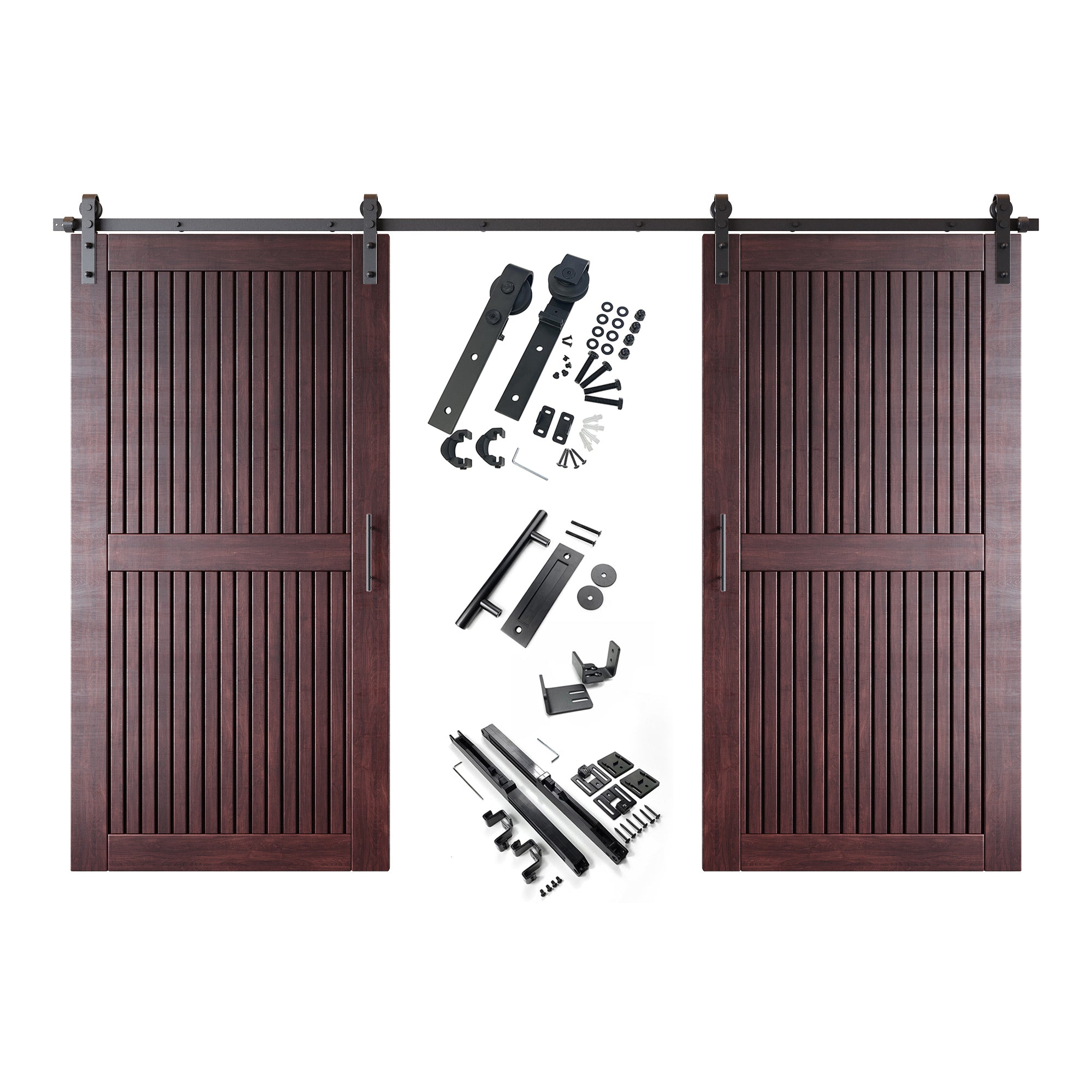 80" Height Red Mahogany Vertical Stripe Design Unassembled & Finished Double Pine Wood Barn Door with Non-Bypass Installation Hardware Kit(Interior Use Only)