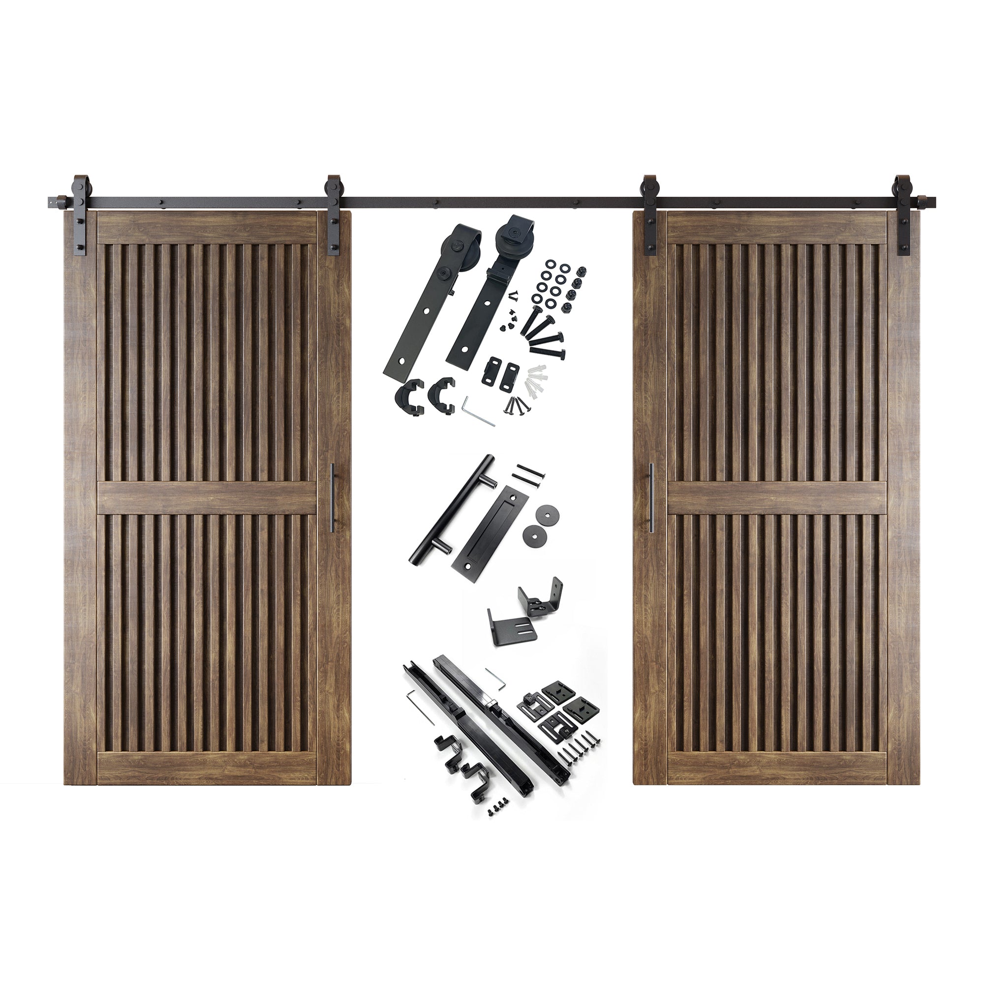80" Height Dark Walnut Vertical Stripe Design Unassembled & Finished Double Pine Wood Barn Door with Non-Bypass Installation Hardware Kit(Interior Use Only)