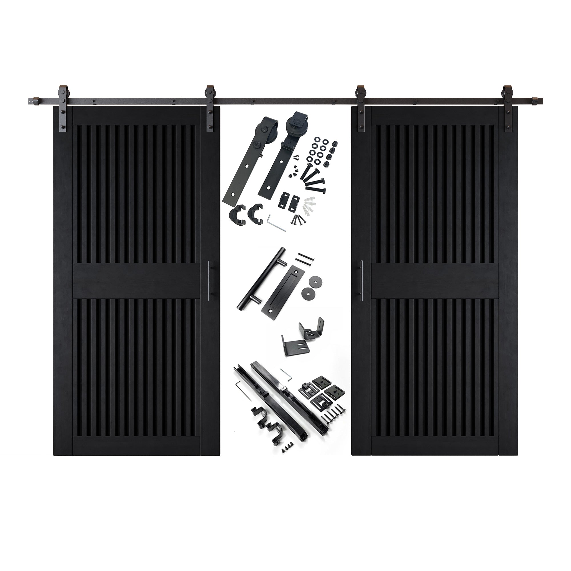84" Height Black Vertical Stripe Design Unassembled & Finished Double Pine Wood Barn Door with Non-Bypass Installation Hardware Kit(Interior Use Only)