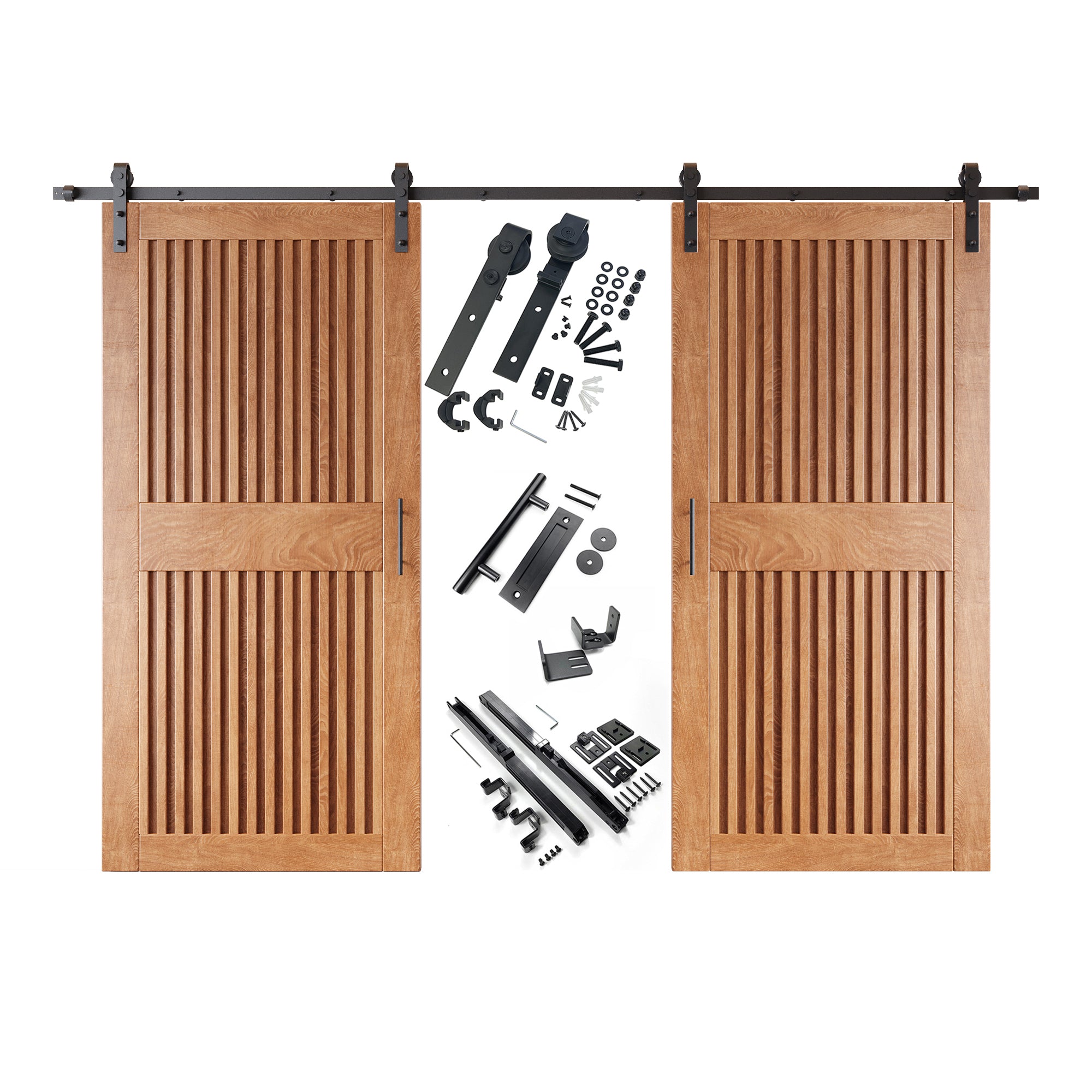 84" Height Early American Vertical Stripe Design Unassembled & Finished Double Pine Wood Barn Door with Non-Bypass Installation Hardware Kit(Interior Use Only)