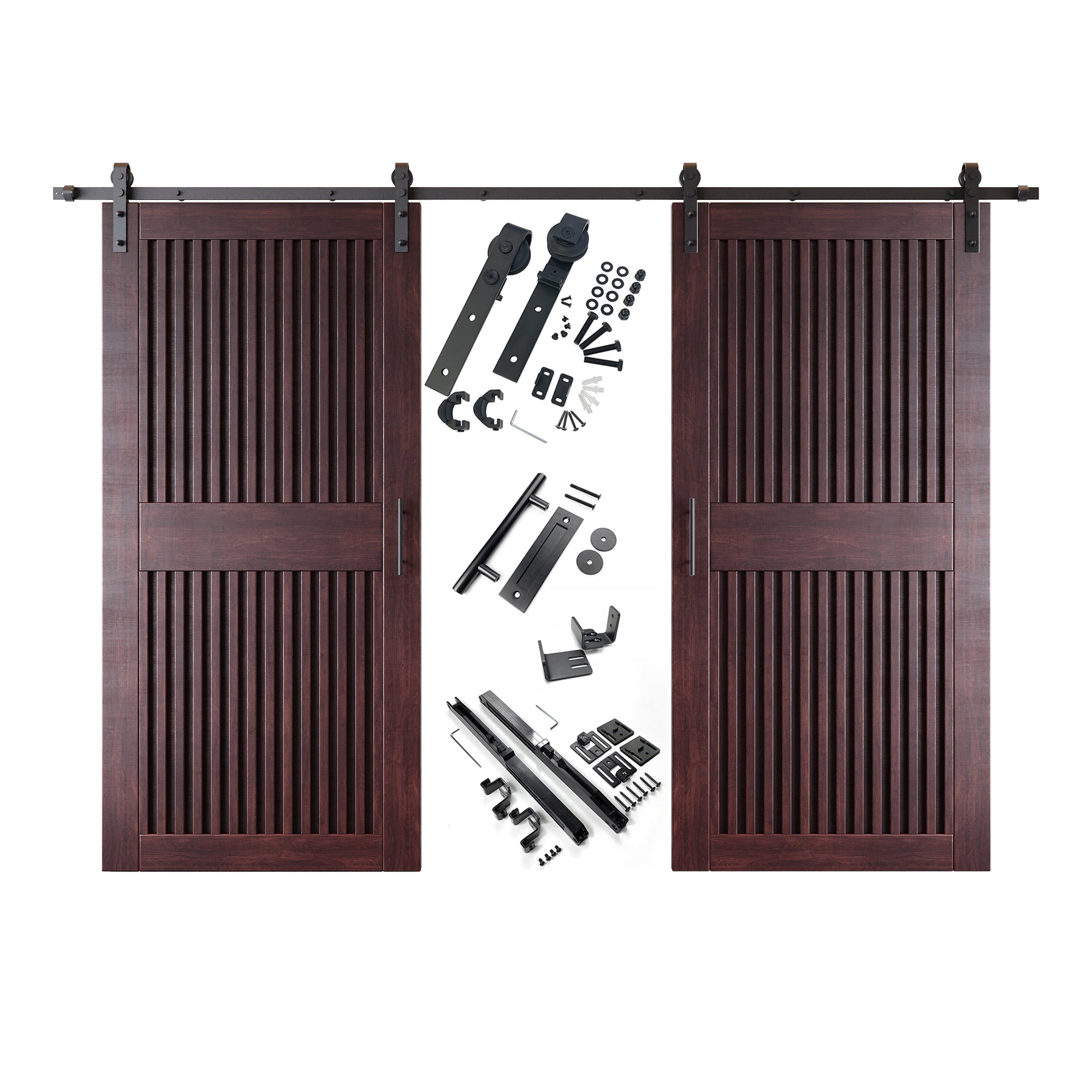 84" Height Red Mahogany Vertical Stripe Design Unassembled & Finished Double Pine Wood Barn Door with Non-Bypass Installation Hardware Kit(Interior Use Only)