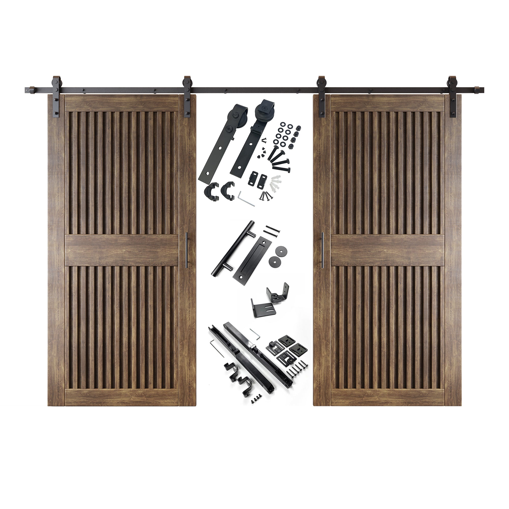 84" Height Dark Walnut Vertical Stripe Design Unassembled & Finished Double Pine Wood Barn Door with Non-Bypass Installation Hardware Kit(Interior Use Only)