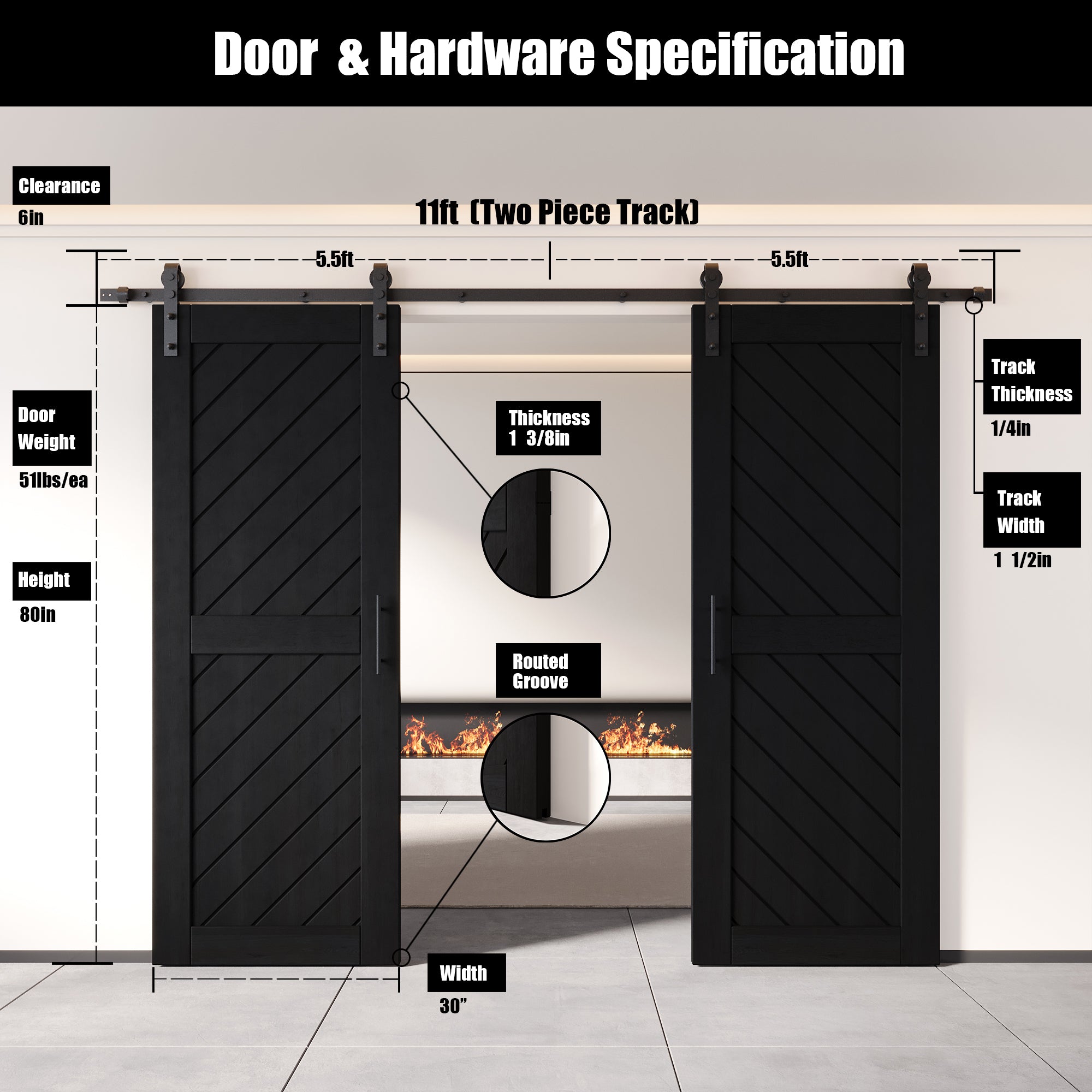 Interior-use black double barn door, non-bypass