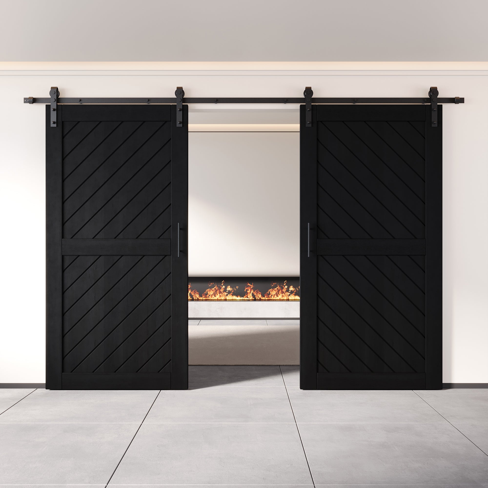 Unassembled black pine wood barn door, double and finished