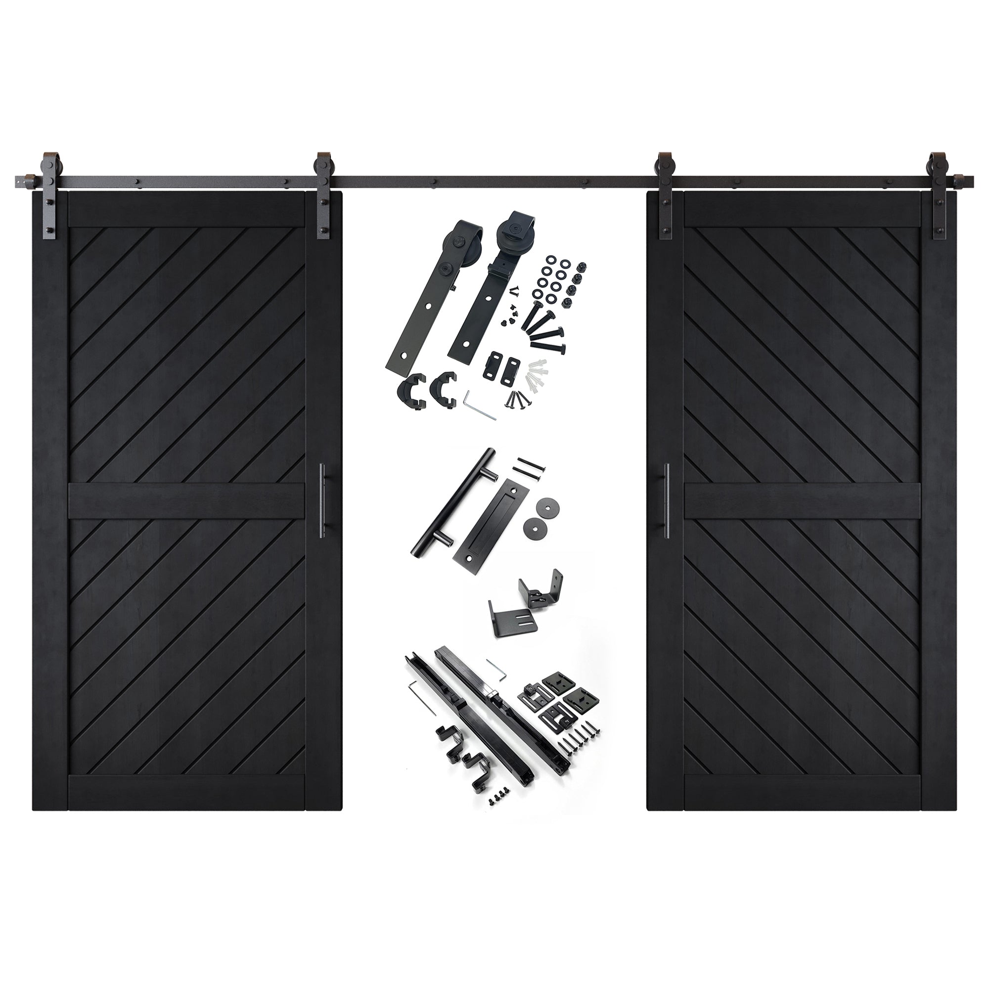 80-inch black double pine barn door, slanted stripe design