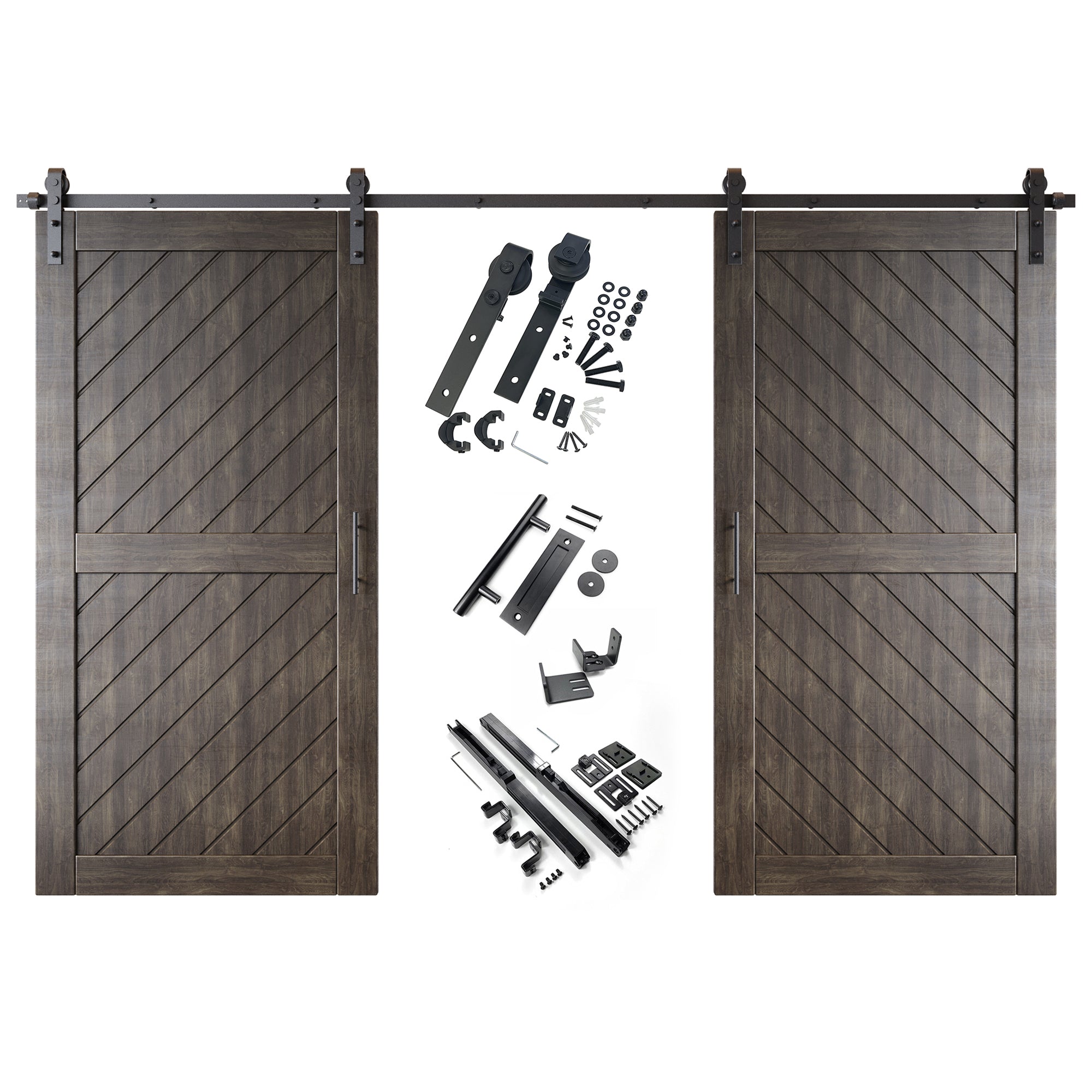 80" Height Ebony Slanted Stripe Design Unassembled & Finished Double Pine Wood Barn Door with Non-Bypass Installation Hardware Kit(Interior Use Only)