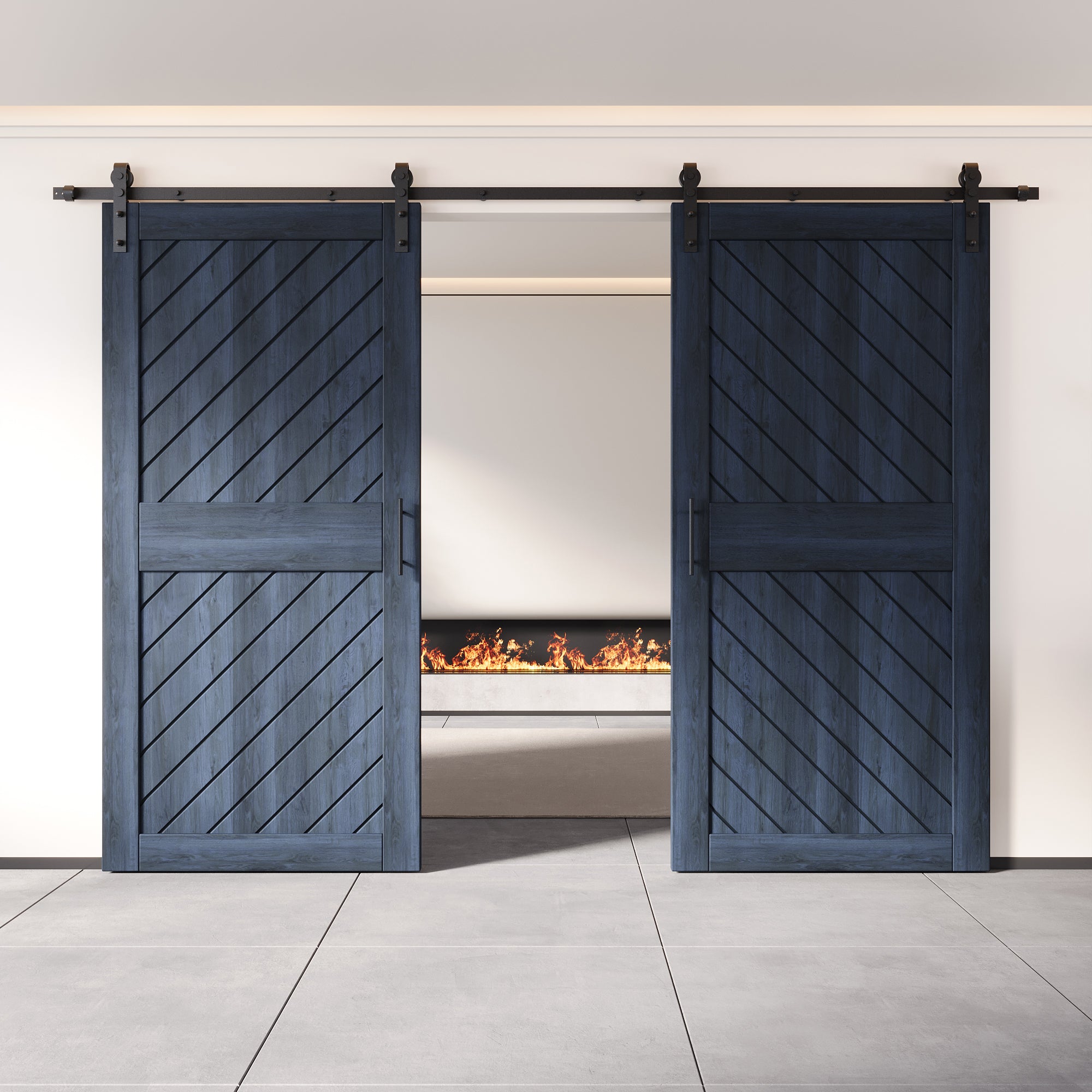 84" Height Navy Slanted Stripe Design Unassembled & Finished Double Pine Wood Barn Door with Non-Bypass Installation Hardware Kit(Interior Use Only)