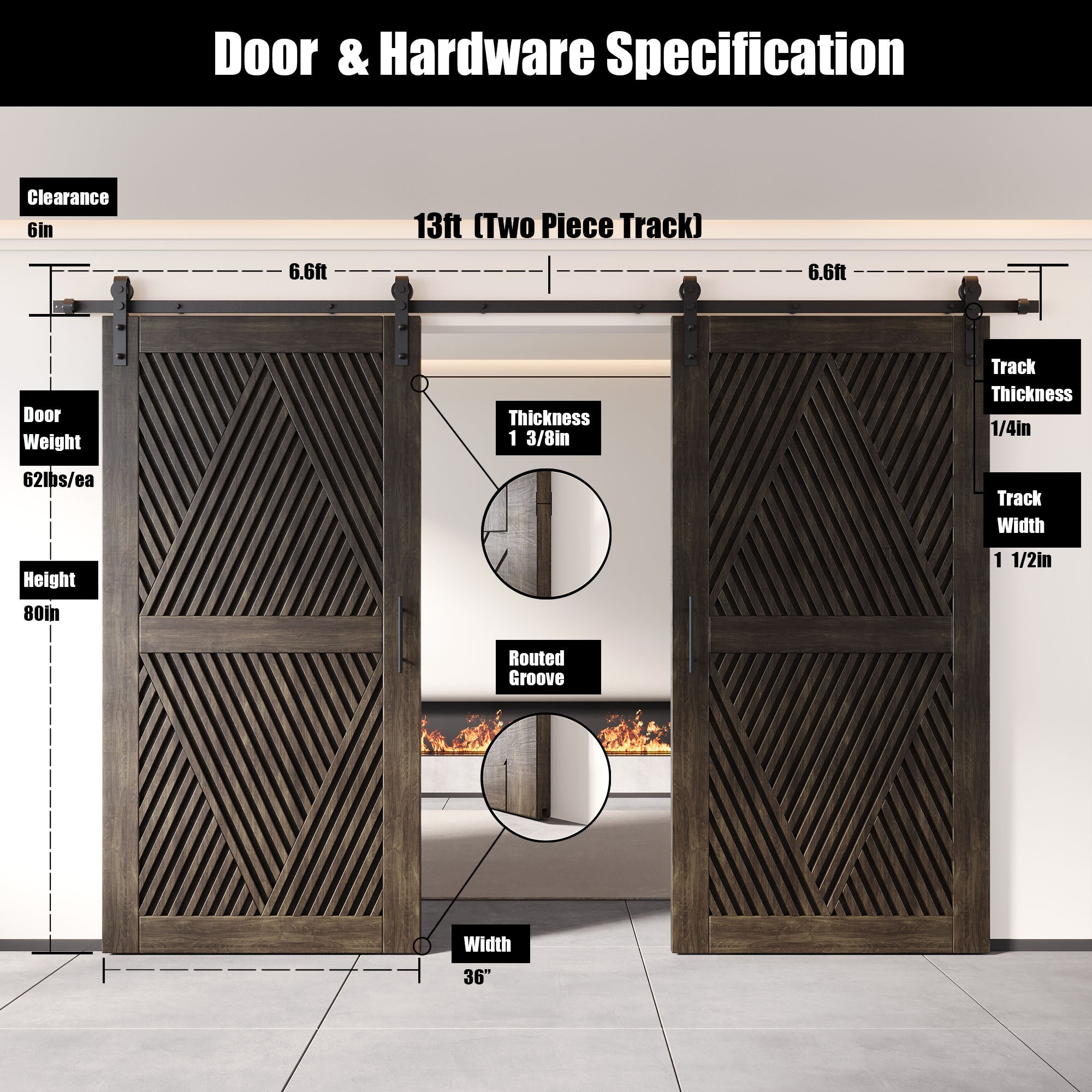 80" Height Ebony Diamond Design Unassembled & Finished Double Pine Wood Barn Door with Non-Bypass Installation Hardware Kit(Interior Use Only)