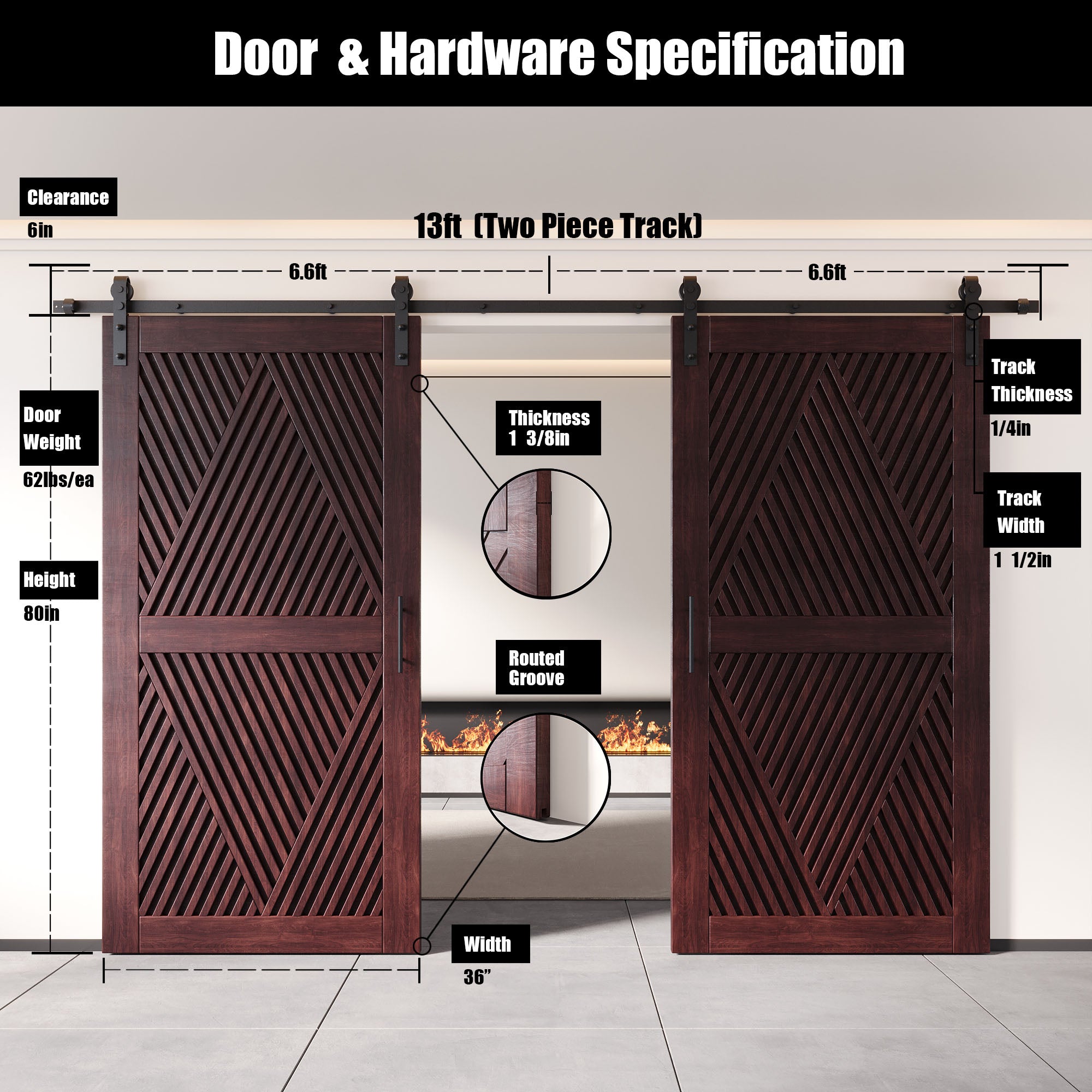 80" Height Red Mahogany Diamond Design Unassembled & Finished Double Pine Wood Barn Door with Non-Bypass Installation Hardware Kit(Interior Use Only)