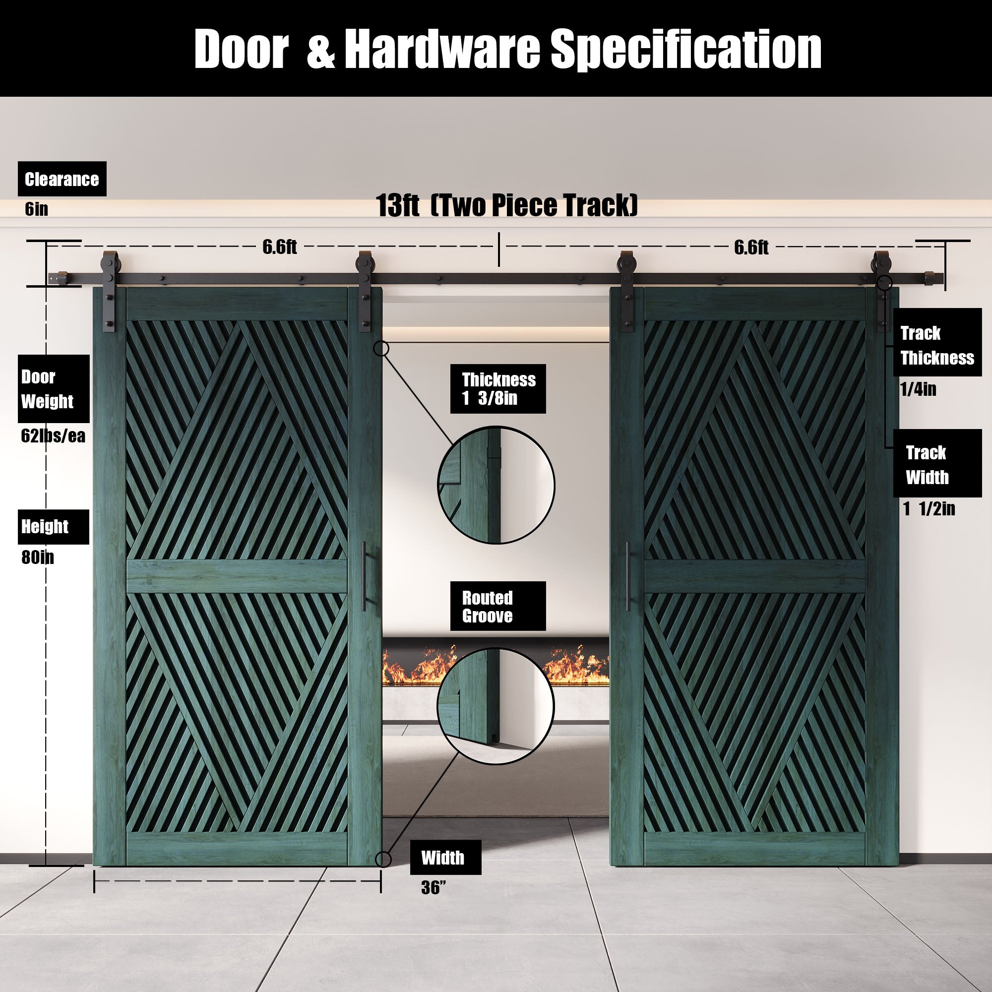 80" Height Royal Pine Diamond Design Unassembled & Finished Double Pine Wood Barn Door with Non-Bypass Installation Hardware Kit(Interior Use Only)