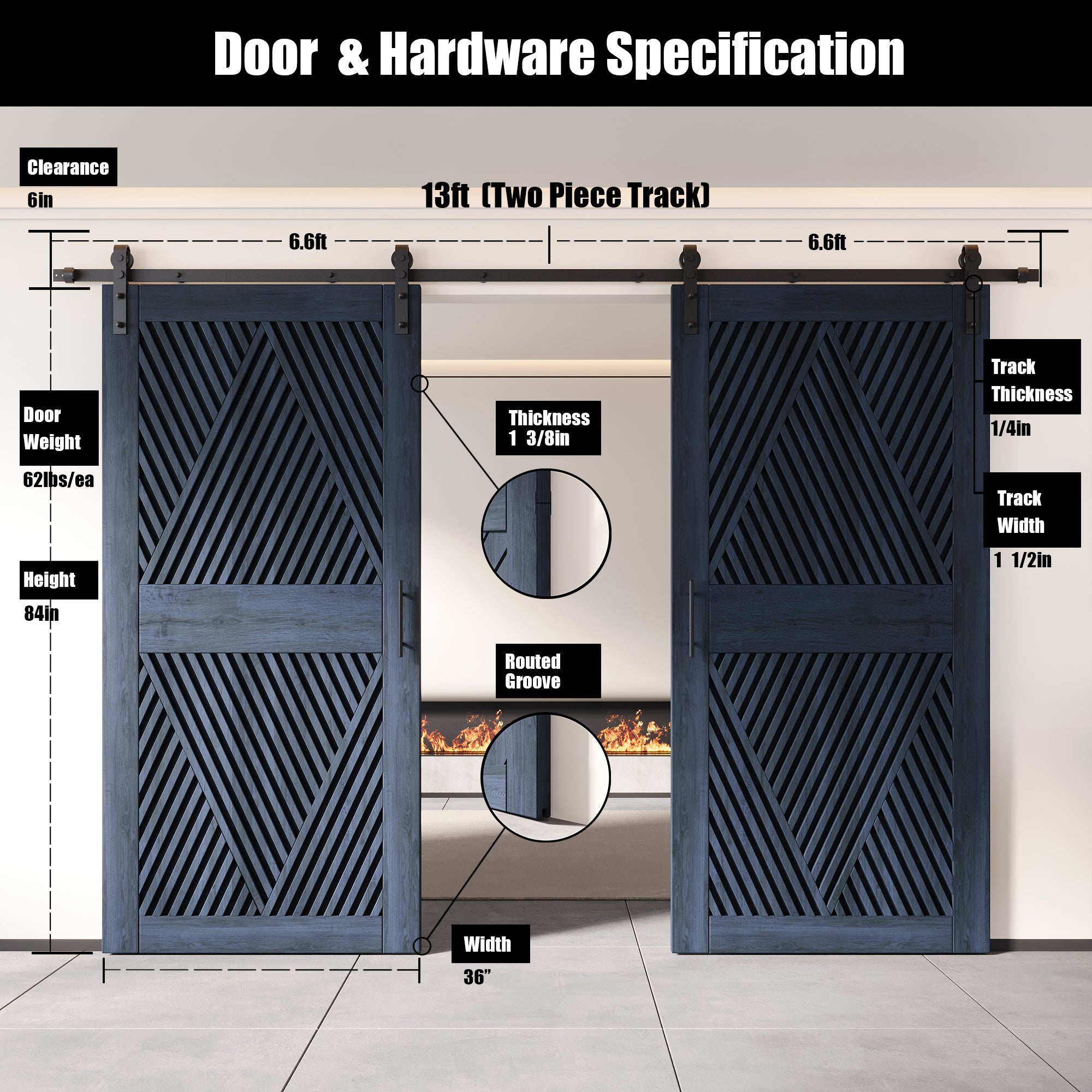 84" Height Navy Diamond Design Unassembled & Finished Double Pine Wood Barn Door with Non-Bypass Installation Hardware Kit(Interior Use Only)