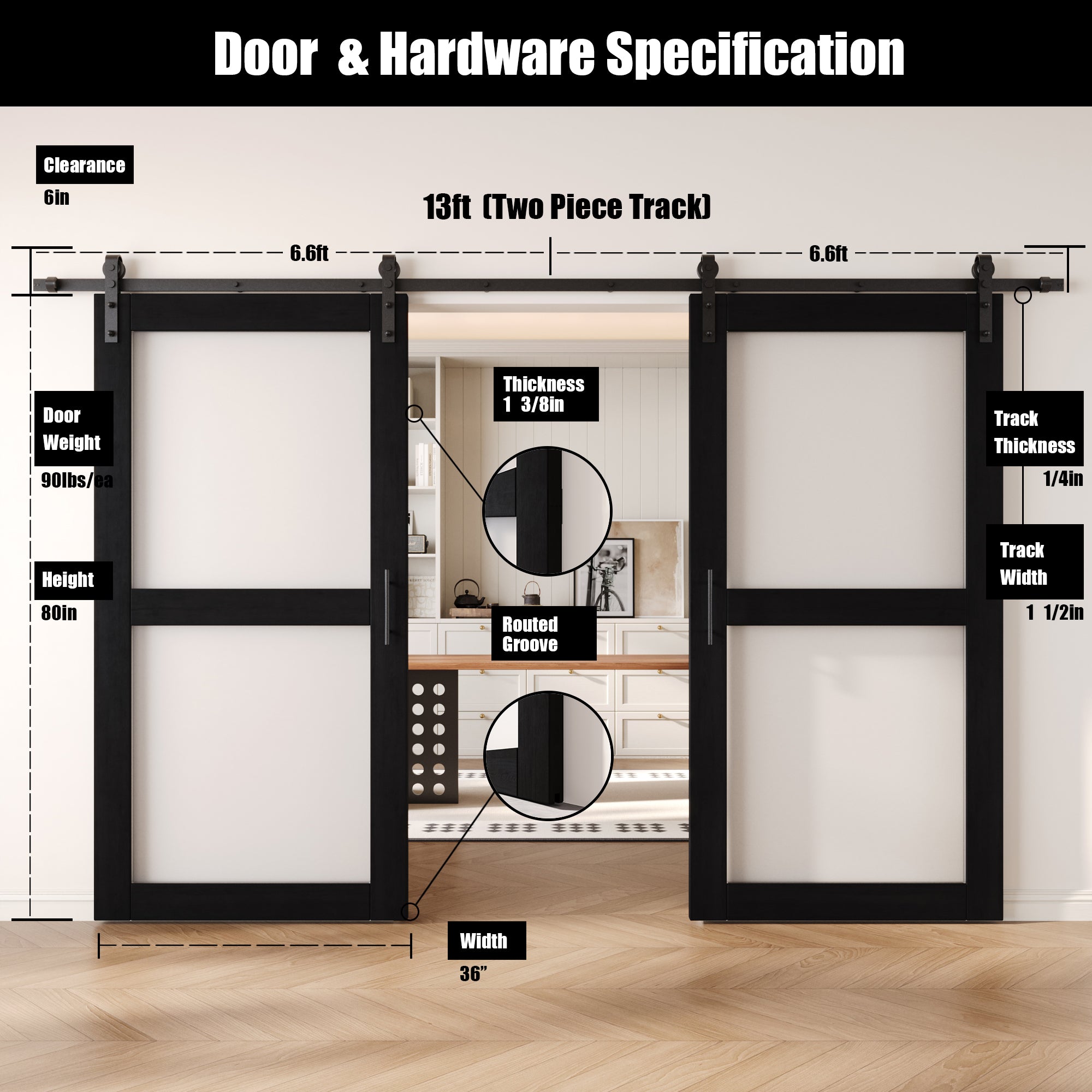 80" Height Black 2-Lite Frosted Glass Double Unassembled & Finished Pine Wood Barn Doors with Non-Bypass Installation Hardware Kit (Interior Use Only)