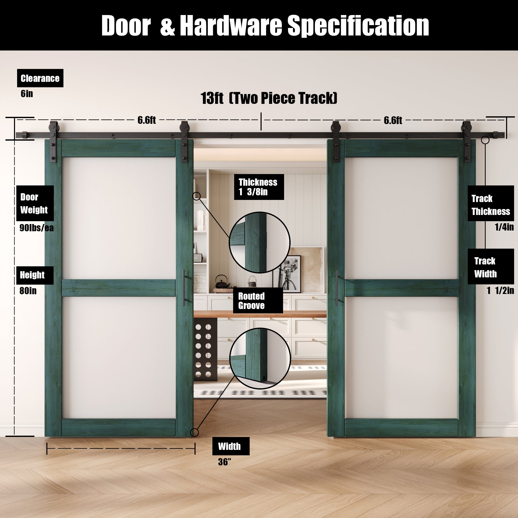 80" Height Royal Pine 2-Lite Frosted Glass Double Unassembled & Finished Pine Wood Barn Doors with Non-Bypass Installation Hardware Kit (Interior Use Only)