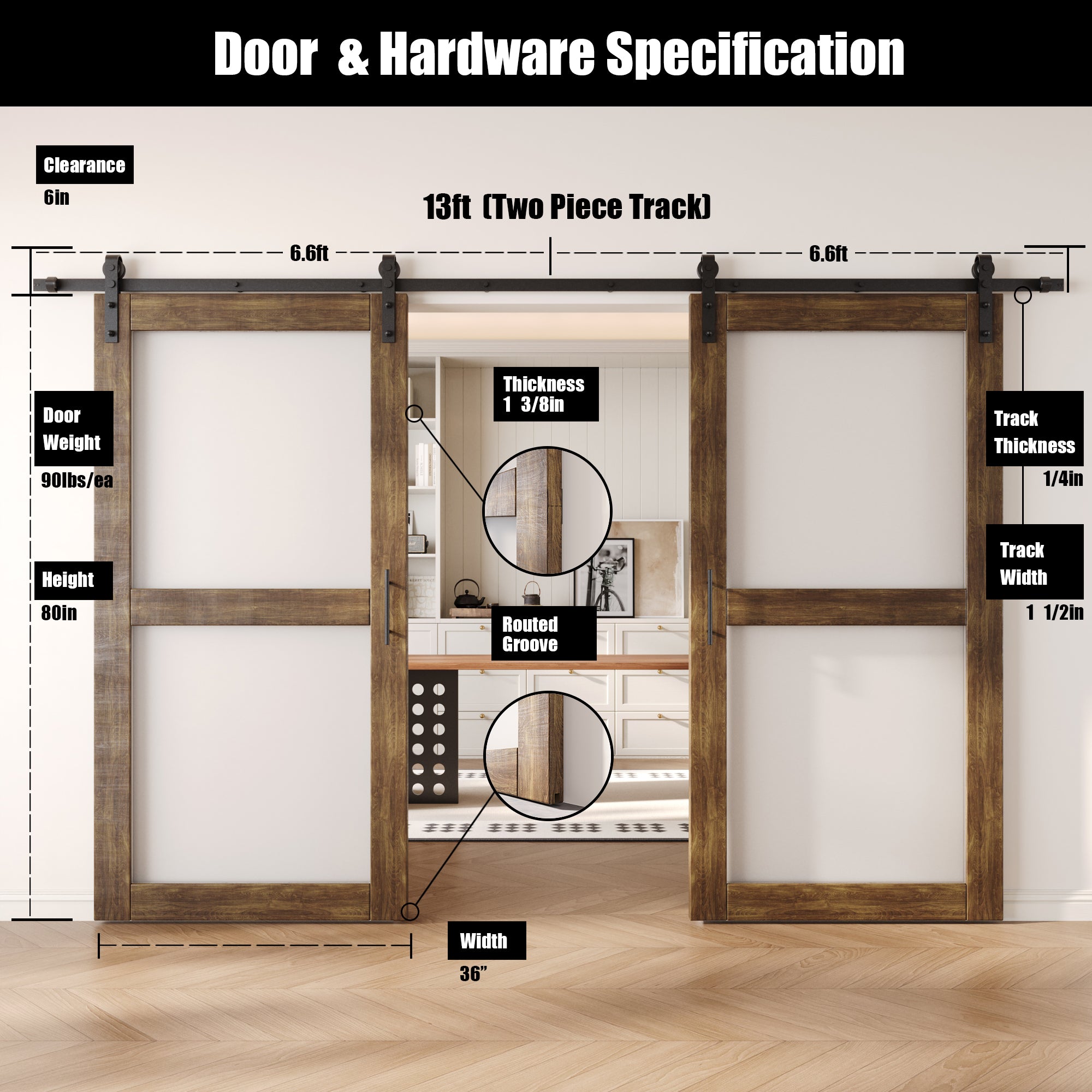 80" Height Dark Walnut 2-Lite Frosted Glass Double Unassembled & Finished Pine Wood Barn Doors with Non-Bypass Installation Hardware Kit (Interior Use Only)
