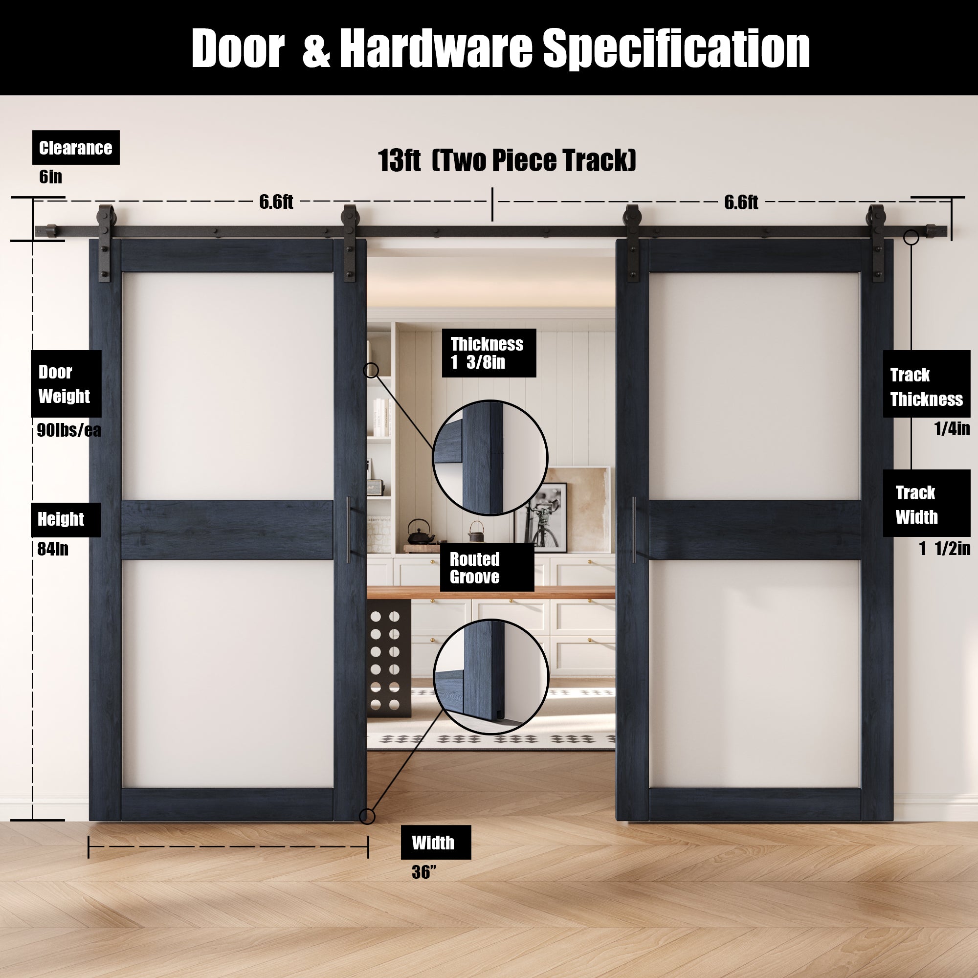 84" Height Navy 2-Lite Frosted Glass Double Unassembled & Finished Pine Wood Barn Doors with Non-Bypass Installation Hardware Kit (Interior Use Only)