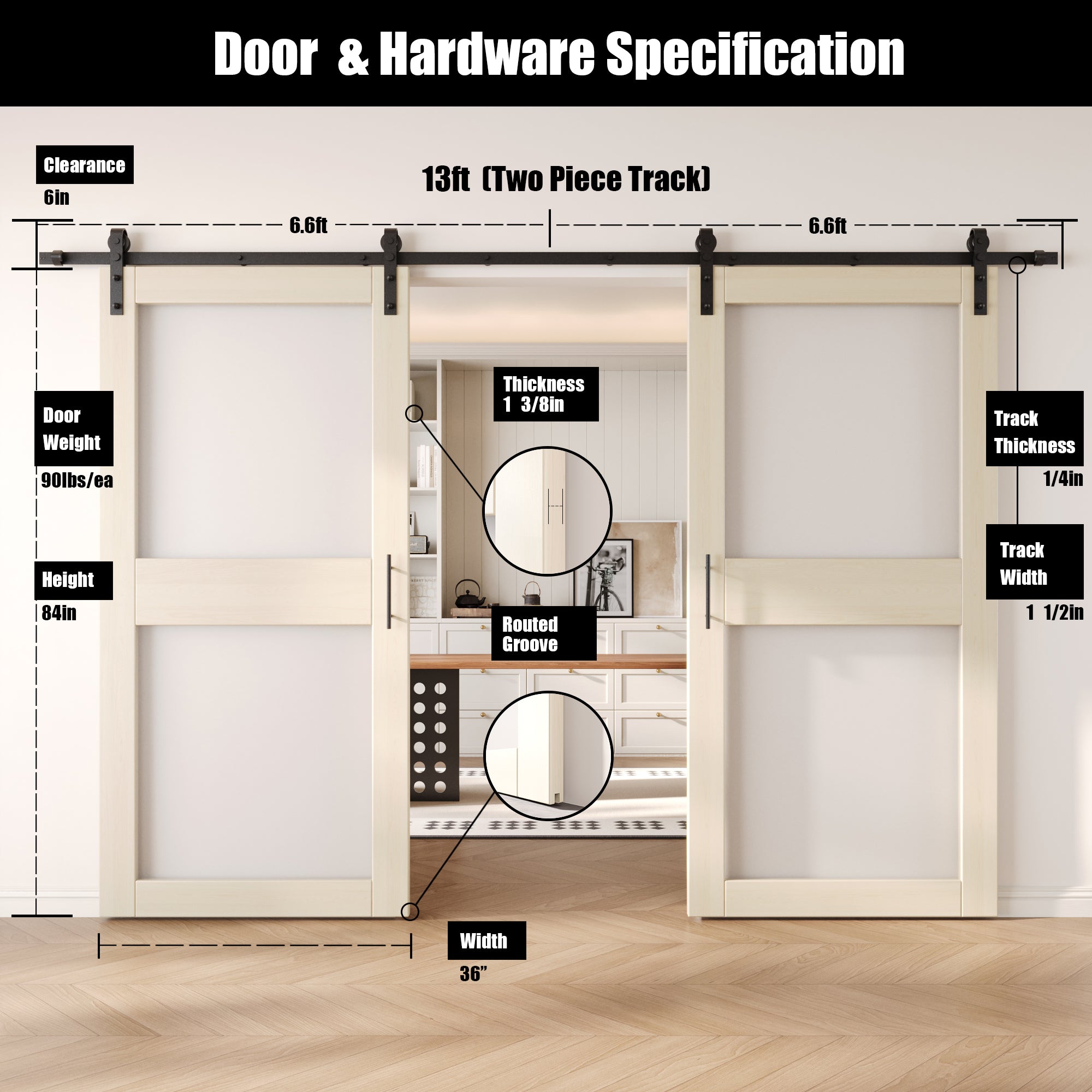 84" Height Tinsmith Gray 2-Lite Frosted Glass Double Unassembled & Finished Pine Wood Barn Doors with Non-Bypass Installation Hardware Kit (Interior Use Only)
