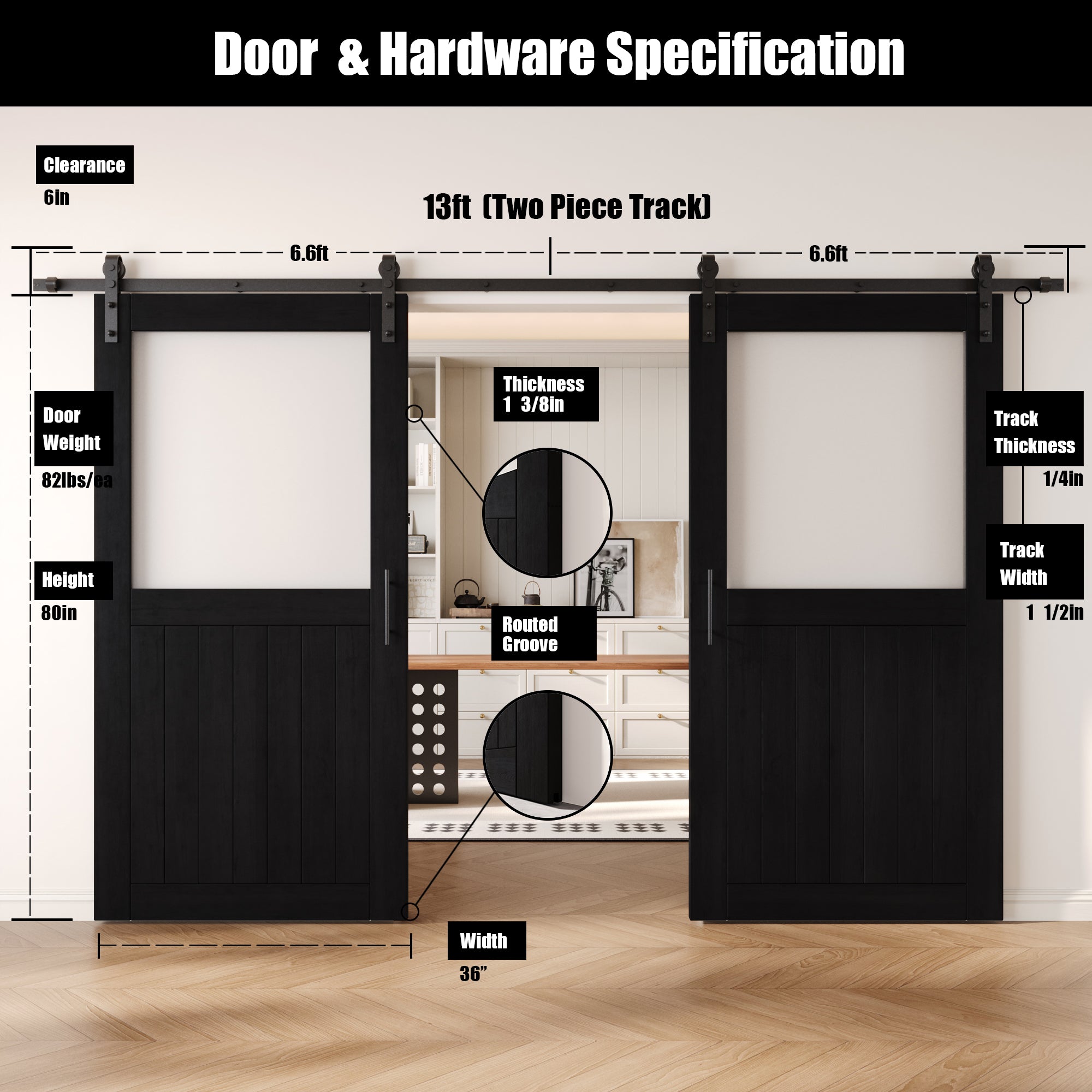 80" Height Black Half Lite Frosted Glass Double Unassembled & Finished Pine Wood Barn Door with Non-Bypass Installation Hardware Kit (Interior Use Only)