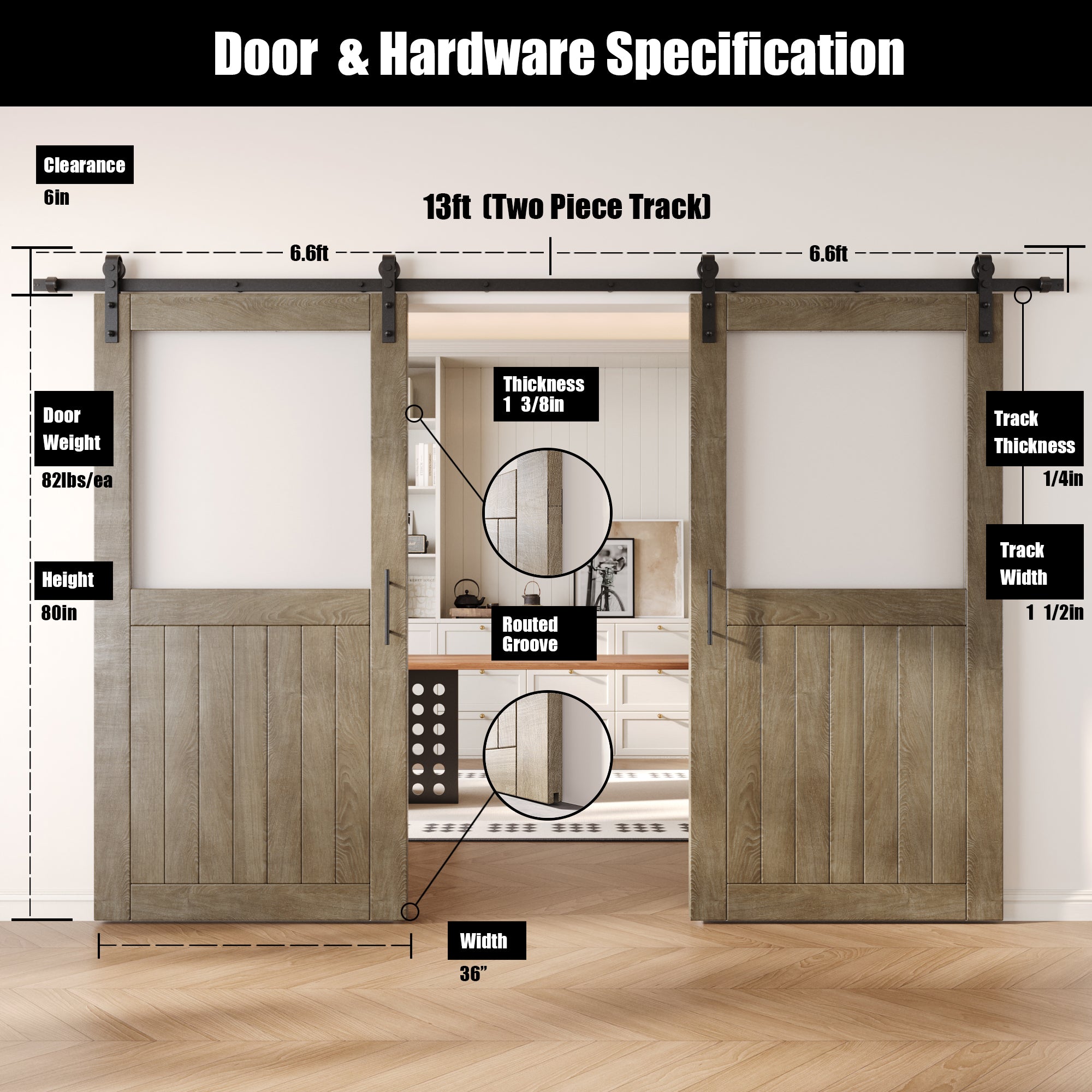80" Height Classic Gray Half Lite Frosted Glass Double Unassembled & Finished Pine Wood Barn Door with Non-Bypass Installation Hardware Kit (Interior Use Only)