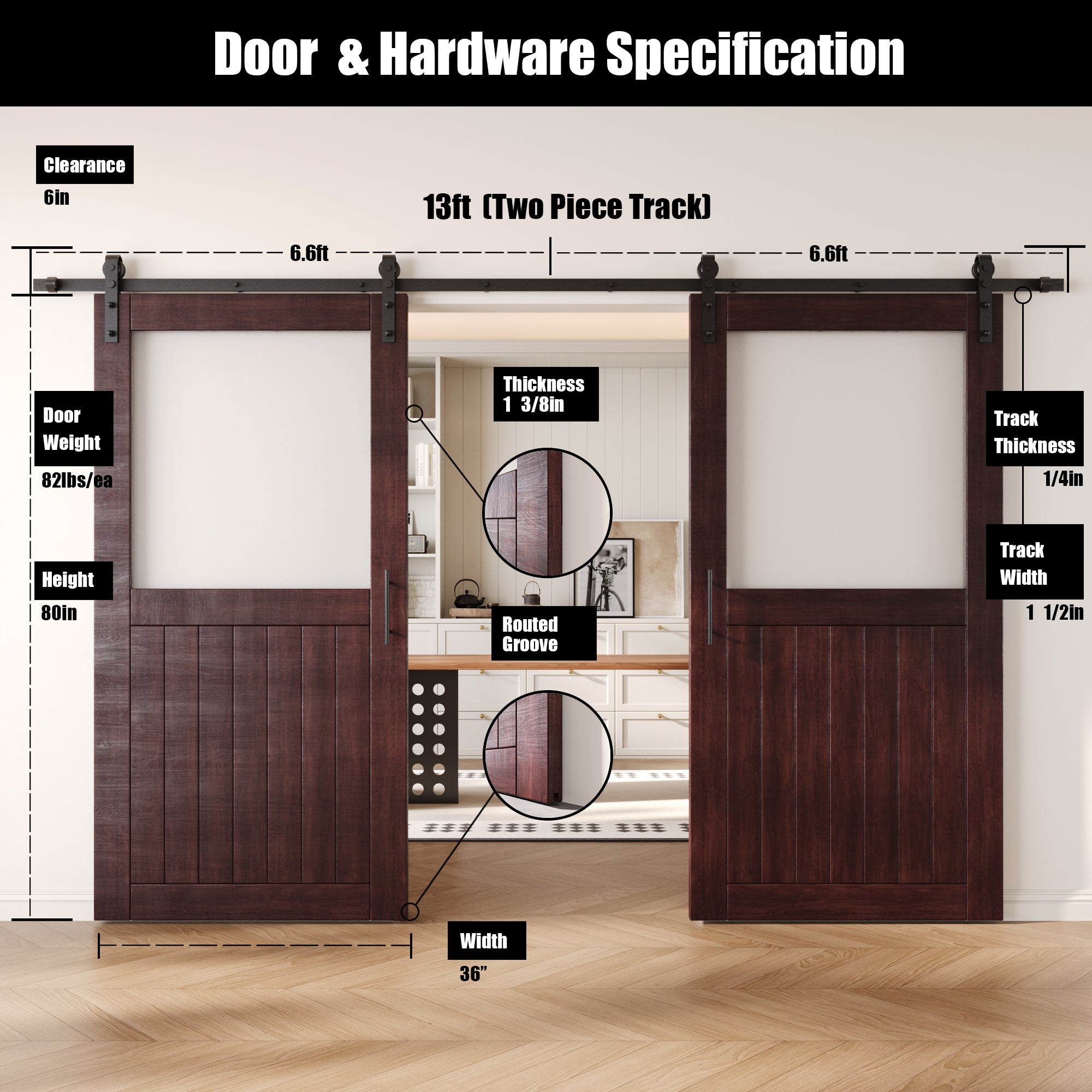 80" Height Red Mahogany Half Lite Frosted Glass Double Unassembled & Finished Pine Wood Barn Door with Non-Bypass Installation Hardware Kit (Interior Use Only)