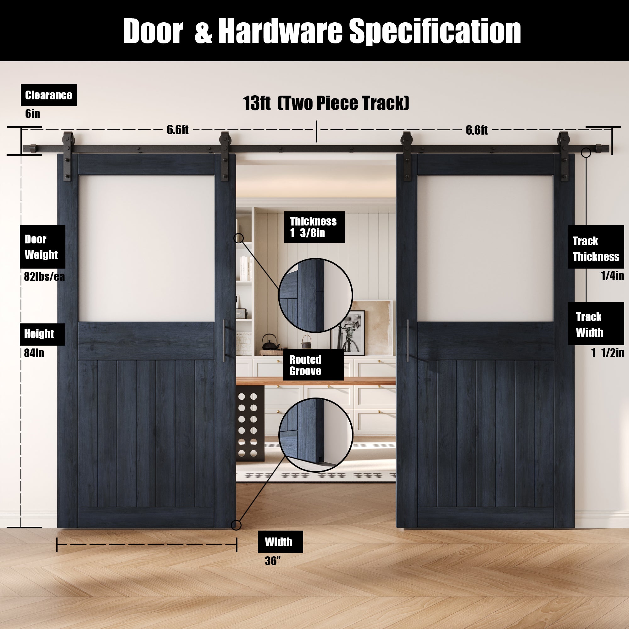 84" Height Navy Half Lite Frosted Glass Double Unassembled & Finished Pine Wood Barn Door with Non-Bypass Installation Hardware Kit (Interior Use Only)