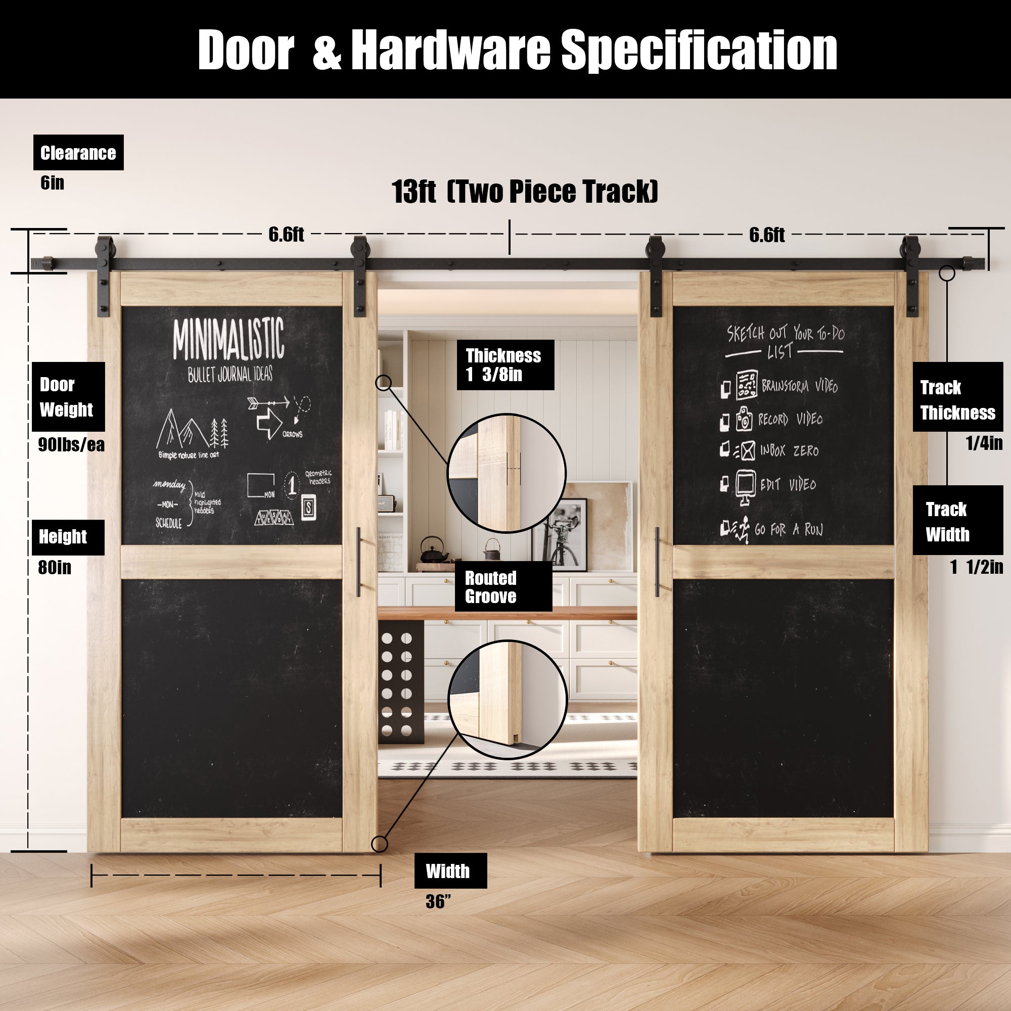80" Height Chalkboard Design Double Unassembled & Unfinished Pine Wood Barn Doors with Non-Bypass Installation Hardware Kit (Interior Use Only)
