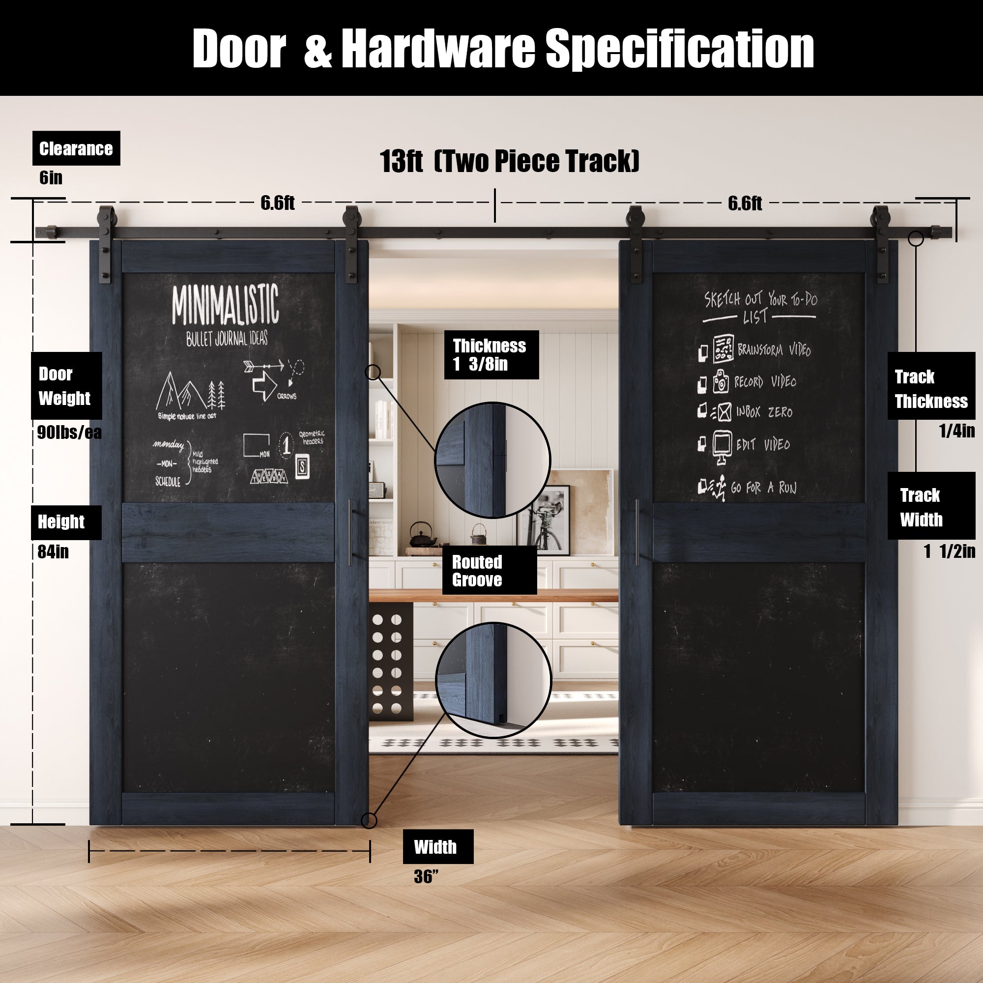 84" Height Navy Chalkboard Design Double Unassembled & Finished Pine Wood Barn Doors with Non-Bypass Installation Hardware Kit (Interior Use Only)