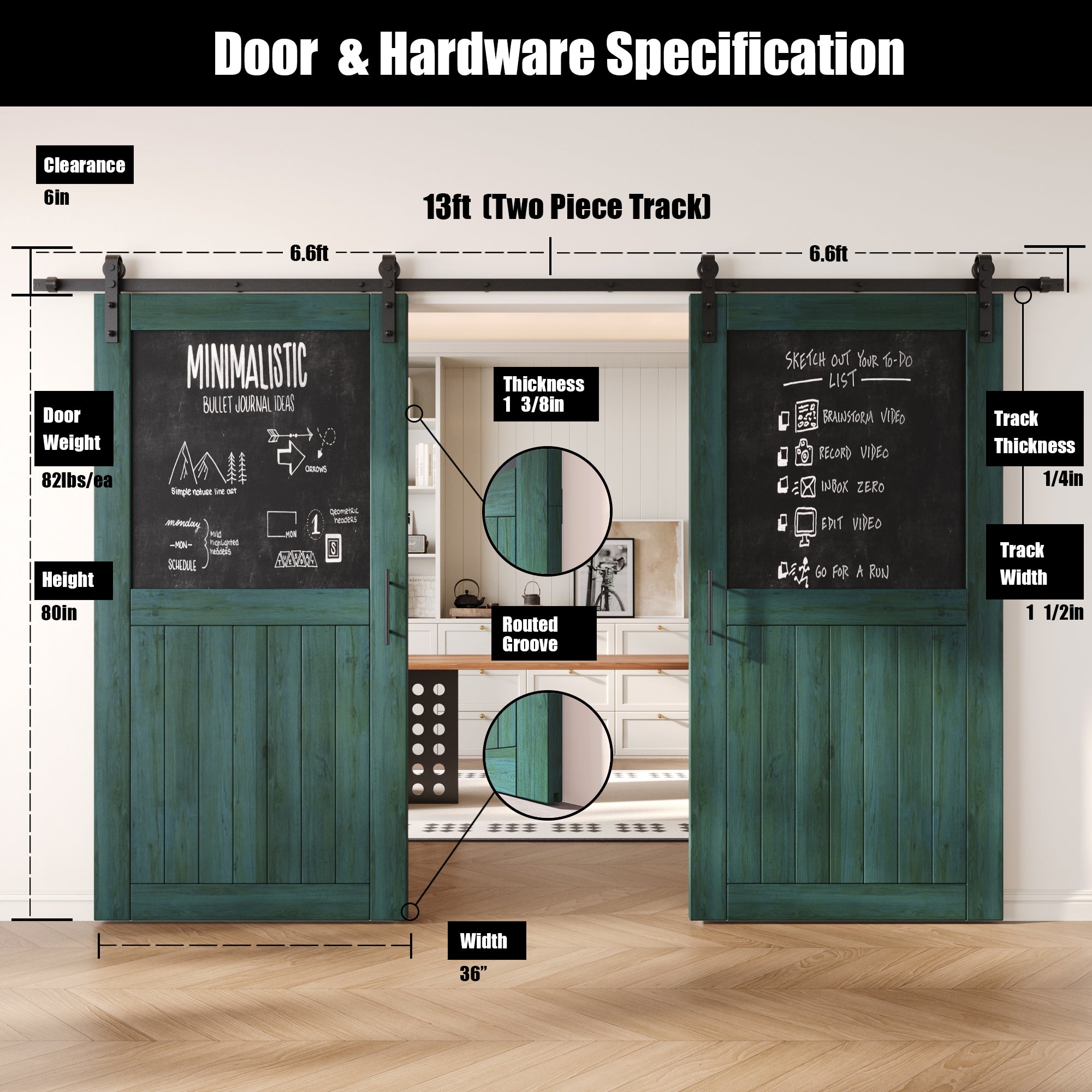 80" Height Royal Pine Top Chalkboard Panel Double Unassembled & Finished Pine Wood Barn Doors with Non-Bypass Installation Hardware Kit (Interior Use Only)
