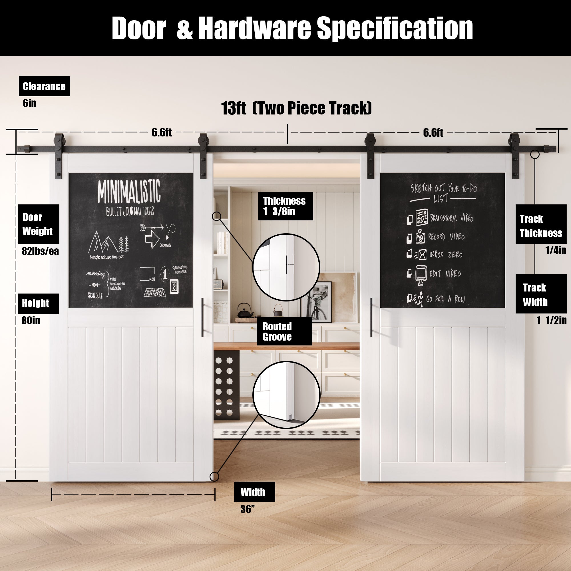 80" Height White Top Chalkboard Panel Double Unassembled & Finished Pine Wood Barn Doors with Non-Bypass Installation Hardware Kit (Interior Use Only)