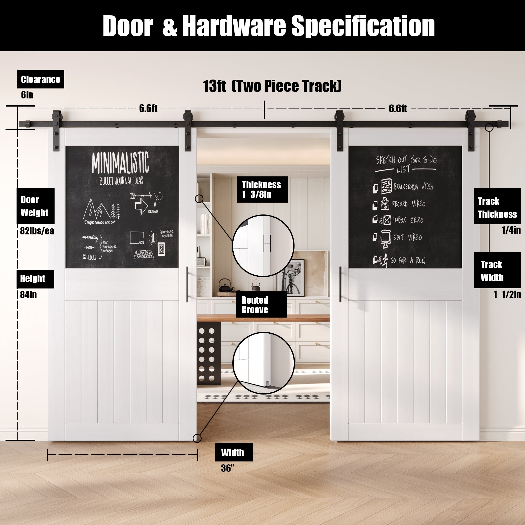 84" Height White Top Chalkboard Panel Double Unassembled & Finished Pine Wood Barn Doors with Non-Bypass Installation Hardware Kit (Interior Use Only)