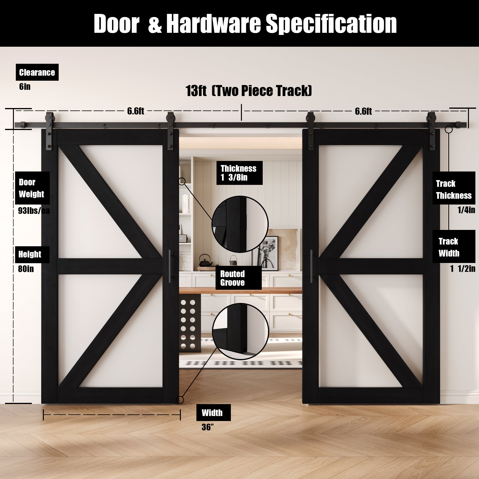 80" Height Black Frosted Glass Arrow Design Double Unassembled & Finished Pine Wood Barn Doors with Non-Bypass Installation Hardware Kit (Interior Use Only)