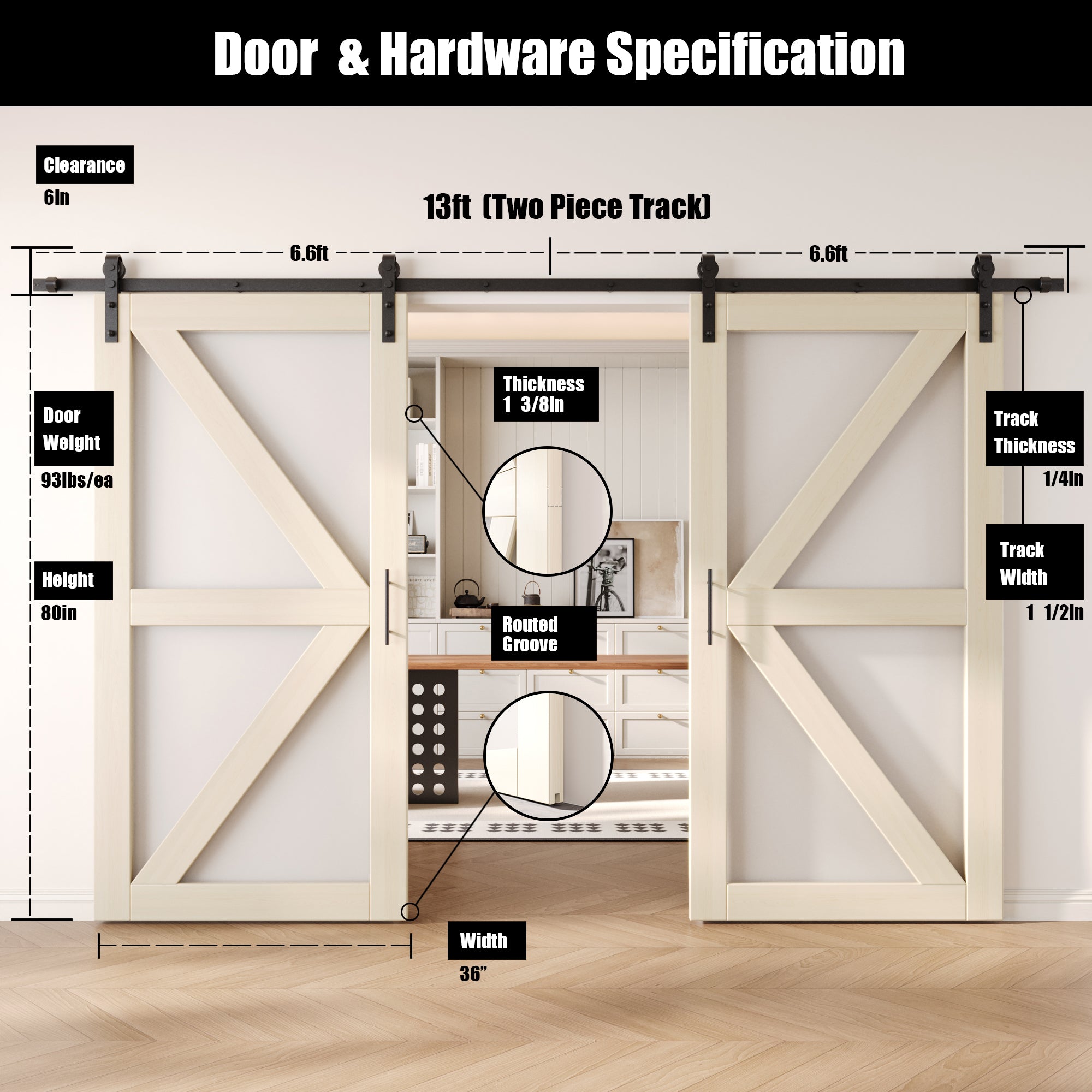 80" Height Tinsmith Gray Frosted Glass Arrow Design Double Unassembled & Finished Pine Wood Barn Doors with Non-Bypass Installation Hardware Kit (Interior Use Only)