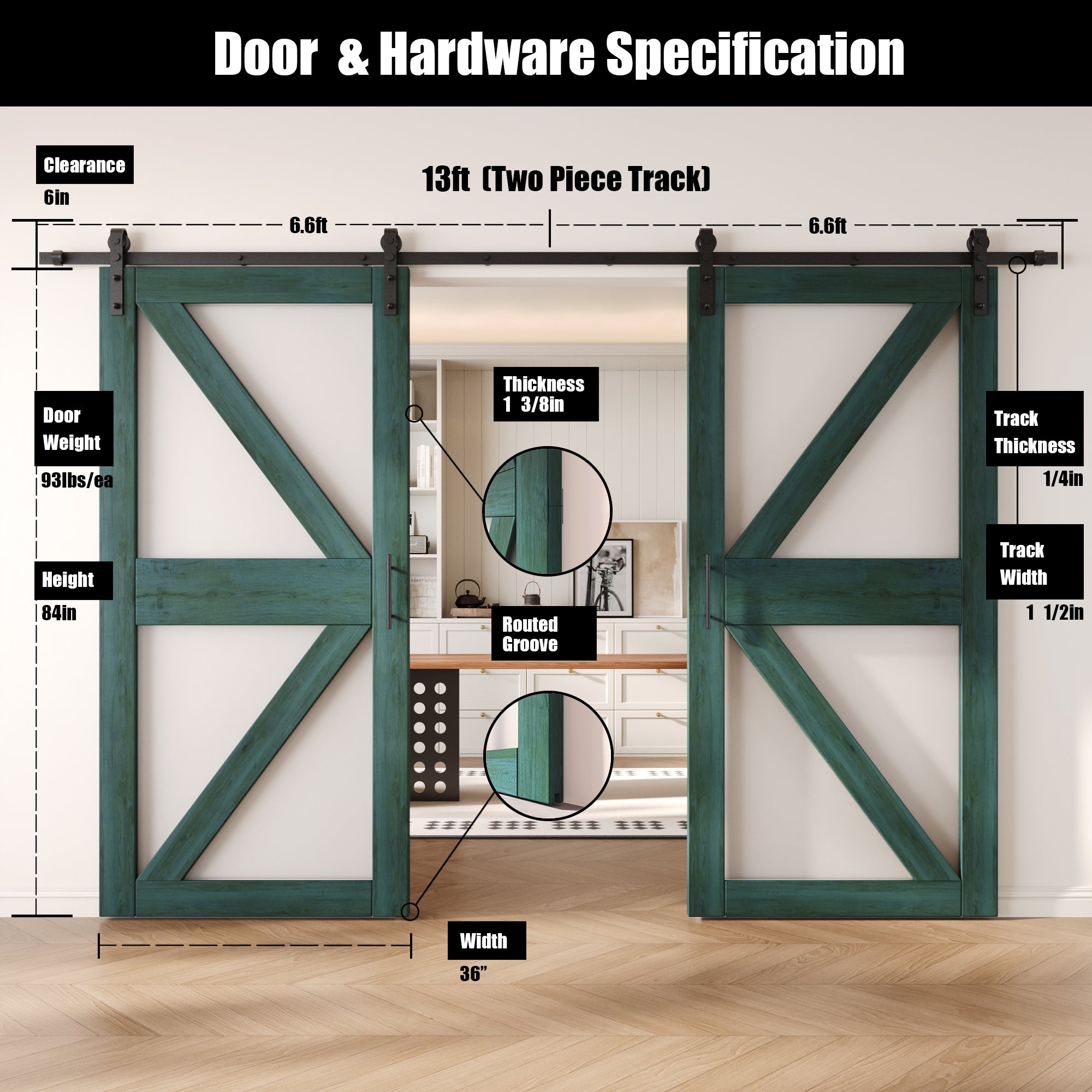 84" Height Royal Pine Arrow Pattern Glass Double Unassembled & Finished Pine Wood Barn Doors with Non-Bypass Installation Hardware Kit (Interior Use Only)