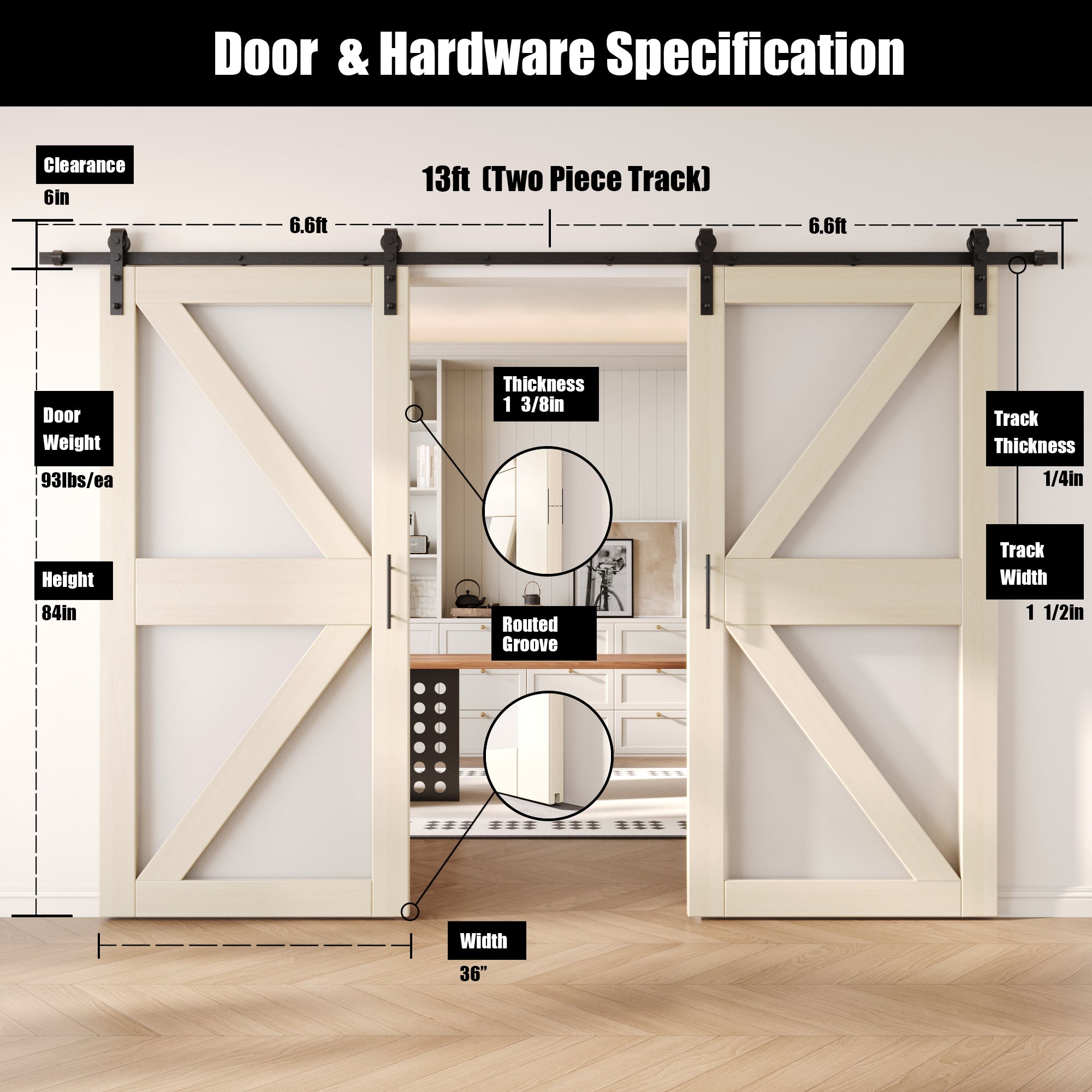 84" Height Tinsmith Gray Arrow Pattern Glass Double Unassembled & Finished Pine Wood Barn Doors with Non-Bypass Installation Hardware Kit (Interior Use Only)